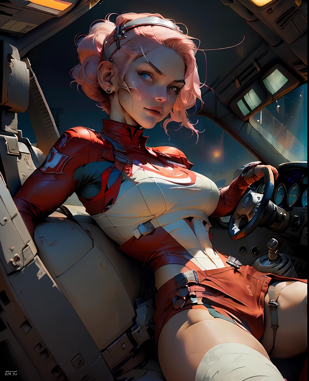 ((Best quality)), ((masterpiece)), (detailed: 1.4), Fighter pilot woman fitness body defined, half thick naked thighs, closed mouth, only in panties, muscular body parts covered by technological clothing, (((large breasts)) perfect, generous neckline, (((red clothing)), CCCP, pastel, short white hair with nasal topknot and shaved, short underwear, garter belt, tiara with metallic horns, by mucha, niji, close to real, best quality, almost naked, psychopathic, crazy face, inside an airplane cockpit, piloting, sexy pose, starry night background, outfit imitating P40 plane with shark mouth, rot rod flame tattoos, vintage, dark red bra with yellow stars, stars covering breasts, (((clothes with the colors of the flag of the Soviet Union))), Pointed shoulder pads, White eyes without pupils, HDR (High Dynamic Range),Ray Tracing,NVIDIA RTX,Super-Resolution,Unreal 5,Subsurface dispersion, PBR texture, Post-processing, Anisotropic filtering, Depth of field, Maximum clarity and sharpness, Multilayer textures, Albedo and specular maps, Surface shading, Accurate simulation of light-material interaction, Perfect proportions, Octane Render, Two-tone lighting, Wide aperture, Low ISO, White Balance, Rule of Thirds, 8K RAW, crysisnanosuit