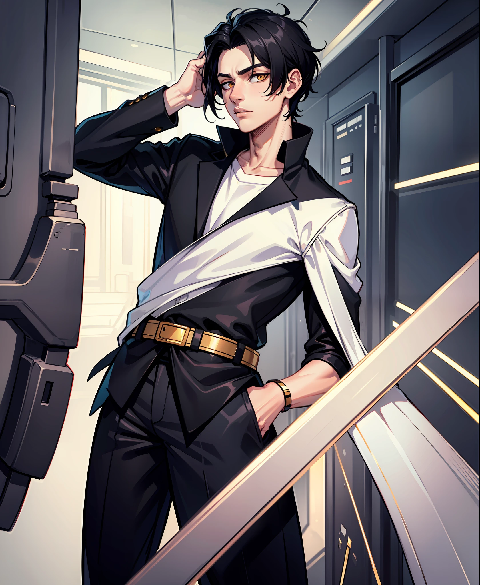 masterpiece, 1boy, solo, black hair, golden eyes, black coat, white shirt, black jeans, standing,