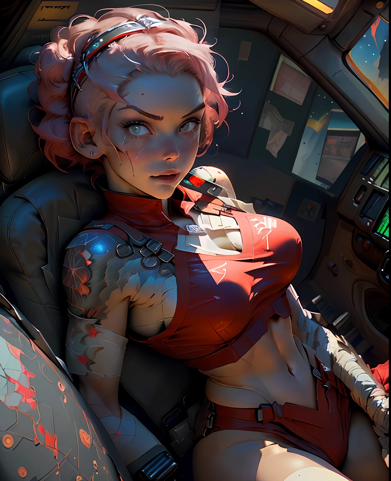 ((Best quality)), ((masterpiece)), (detailed: 1.4), Fighter pilot woman fitness body defined, half thick naked thighs, closed mouth, only in panties, muscular body parts covered by technological clothing, (((large breasts)) perfect, generous neckline, (((red clothing)), CCCP, pastel, short white hair with nasal topknot and shaved, short underwear, garter belt, tiara with metallic horns, by mucha, niji, close to real, best quality, almost naked, psychopathic, crazy face, inside an airplane cockpit, piloting, sexy pose, starry night background, outfit imitating P40 plane with shark mouth, rot rod flame tattoos, vintage, dark red bra with yellow stars, stars covering breasts, (((clothes with the colors of the flag of the Soviet Union))), Pointed shoulder pads, White eyes without pupils, HDR (High Dynamic Range),Ray Tracing,NVIDIA RTX,Super-Resolution,Unreal 5,Subsurface dispersion, PBR texture, Post-processing, Anisotropic filtering, Depth of field, Maximum clarity and sharpness, Multilayer textures, Albedo and specular maps, Surface shading, Accurate simulation of light-material interaction, Perfect proportions, Octane Render, Two-tone lighting, Wide aperture, Low ISO, White Balance, Rule of Thirds, 8K RAW, crysisnanosuit