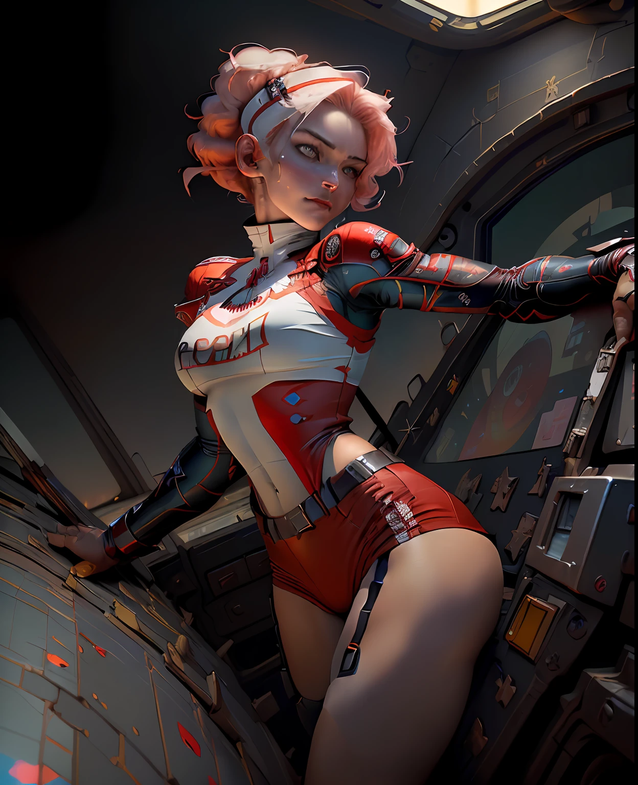 ((Best quality)), ((masterpiece)), (detailed: 1.4), Fighter pilot woman fitness body defined, half thick naked thighs, closed mouth, only in panties, muscular body parts covered by technological clothing, (((large breasts)) perfect, generous neckline, (((red clothing)), CCCP, pastel, short white hair with nasal topknot and shaved, short underwear, garter belt, tiara with metallic horns, by mucha, niji, close to real, best quality, almost naked, psychopathic, crazy face, inside an airplane cockpit, piloting, sexy pose, starry night background, outfit imitating P40 plane with shark mouth, rot rod flame tattoos, vintage, dark red bra with yellow stars, stars covering breasts, (((clothes with the colors of the flag of the Soviet Union))), Pointed shoulder pads, White eyes without pupils, HDR (High Dynamic Range),Ray Tracing,NVIDIA RTX,Super-Resolution,Unreal 5,Subsurface dispersion, PBR texture, Post-processing, Anisotropic filtering, Depth of field, Maximum clarity and sharpness, Multilayer textures, Albedo and specular maps, Surface shading, Accurate simulation of light-material interaction, Perfect proportions, Octane Render, Two-tone lighting, Wide aperture, Low ISO, White Balance, Rule of Thirds, 8K RAW, crysisnanosuit