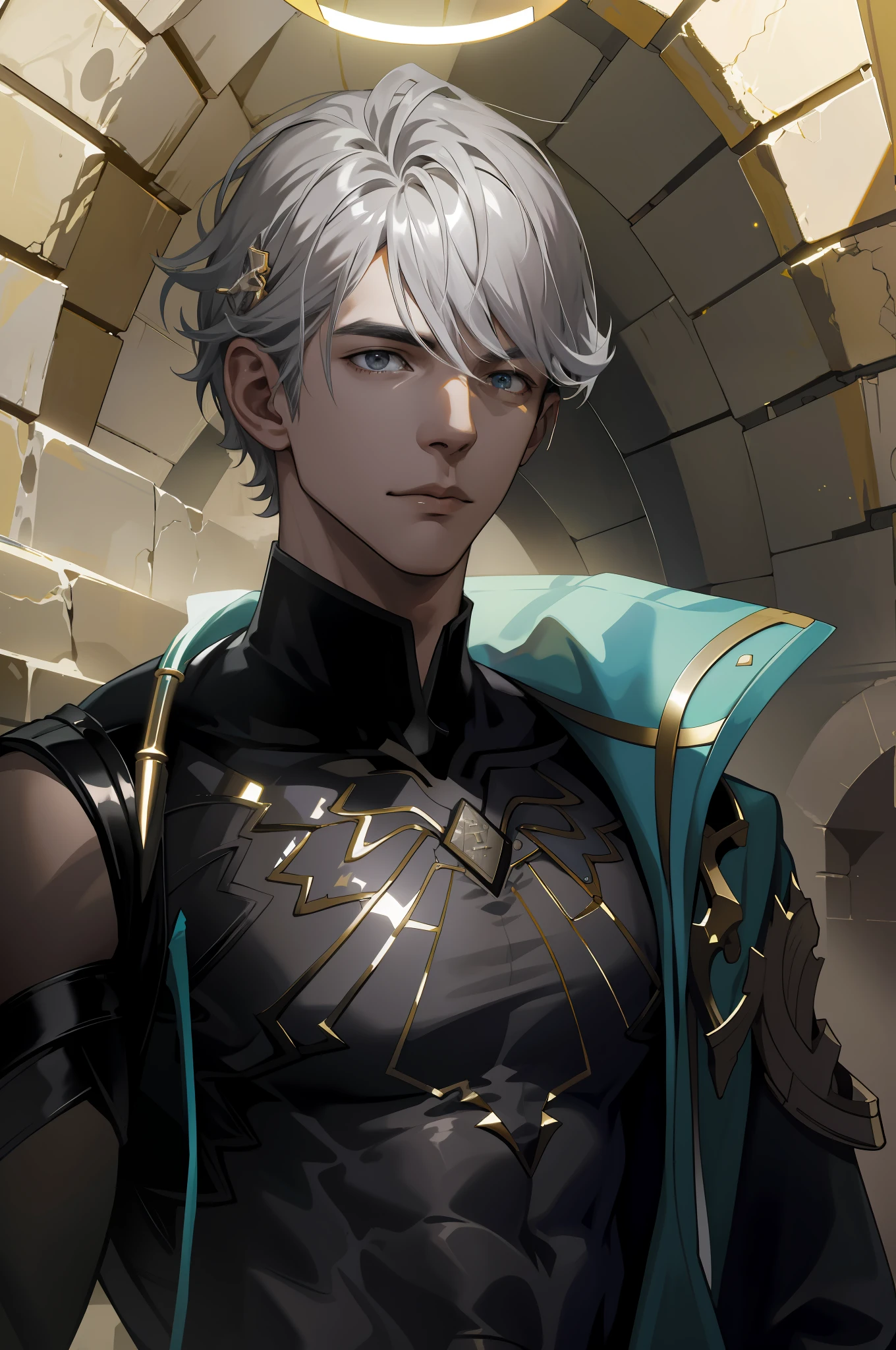 (absurdres, highres, ultra detailed), 1 male, young man, grey hair, dramatic lighting, detailed, masterpiece, inside the ancient pyramid in the desert