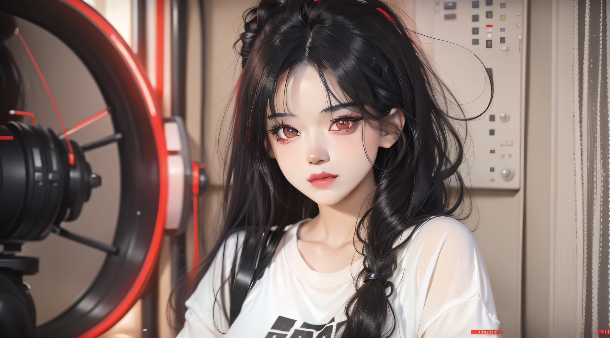 realistic, 1girl, black hair, red eyes, slit eyes, glowing eyes, oversized shirt, parted lips, blush,