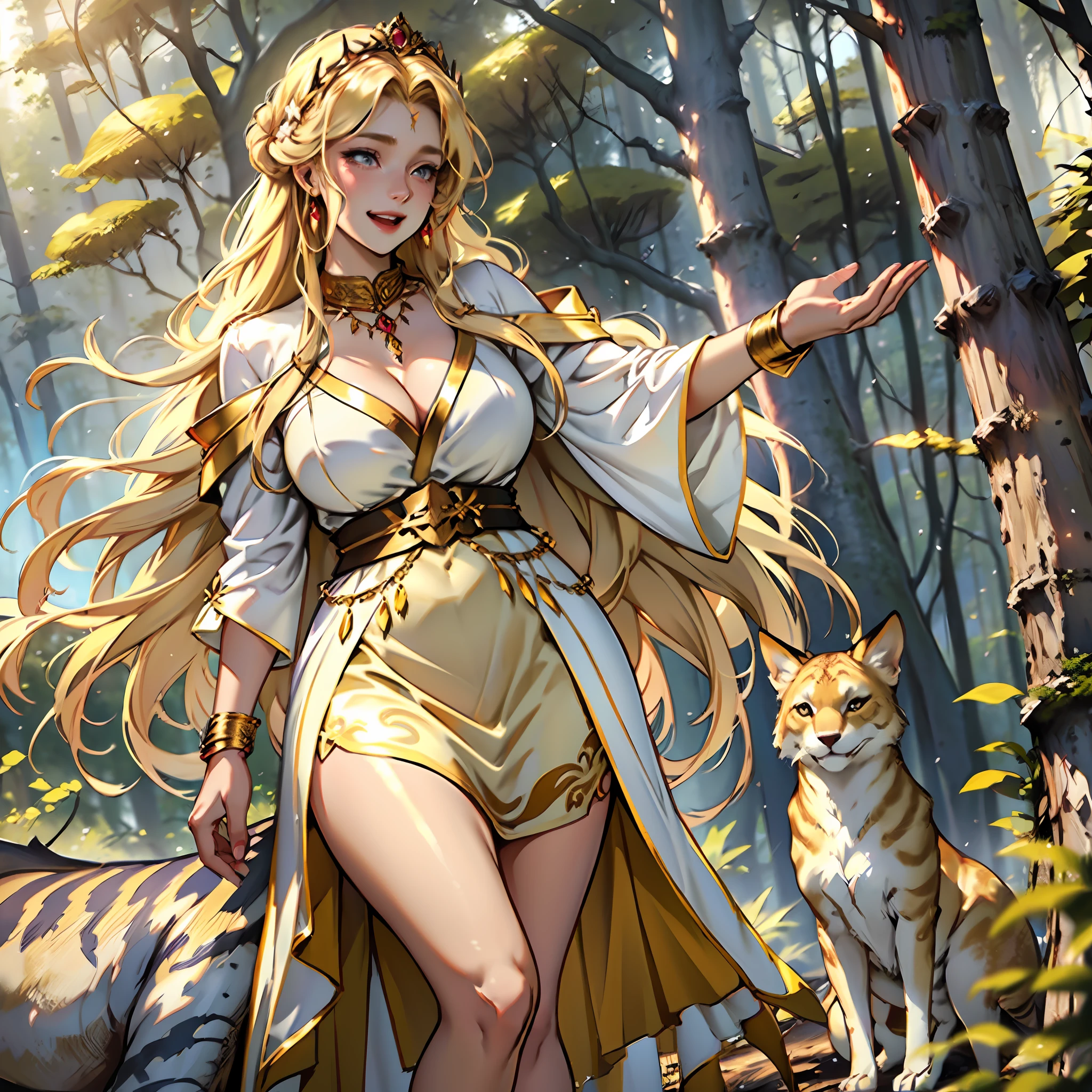 Long blonde hair, noble clothes, princess , beautiful woman, laughing, burnt yellow dress, tightse, golden belt, lilac blouse, large breasts, curvy whin waist, thick legs, female boots of burnt yellow color, golden necklace, light blue colored eyes, burnt yellow skirt, forest with animals, fantastic creatures around, fantasy scenery.
