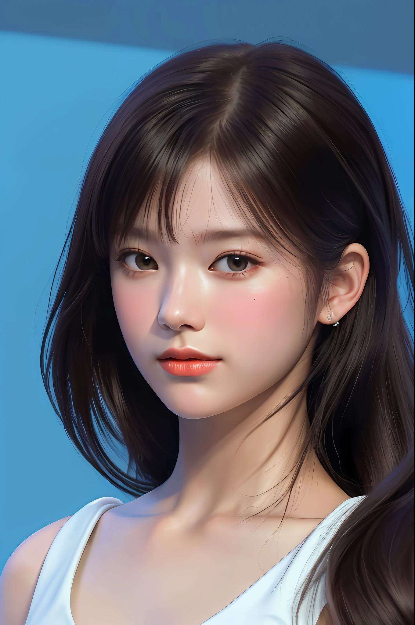 Best Quality, Masterpiece, Ultra High Resolution, (Film Grain: 1.4), Digital Photography, Bangs, Film Lighting, (Fuji Color: 1.2) Portrait,
1 girl, solo, frontal, facing the audience, high ponytail, face close-up, ID photo, clear pores, 1 girl, looking at the audience, blue background (realistic: 1.2)
