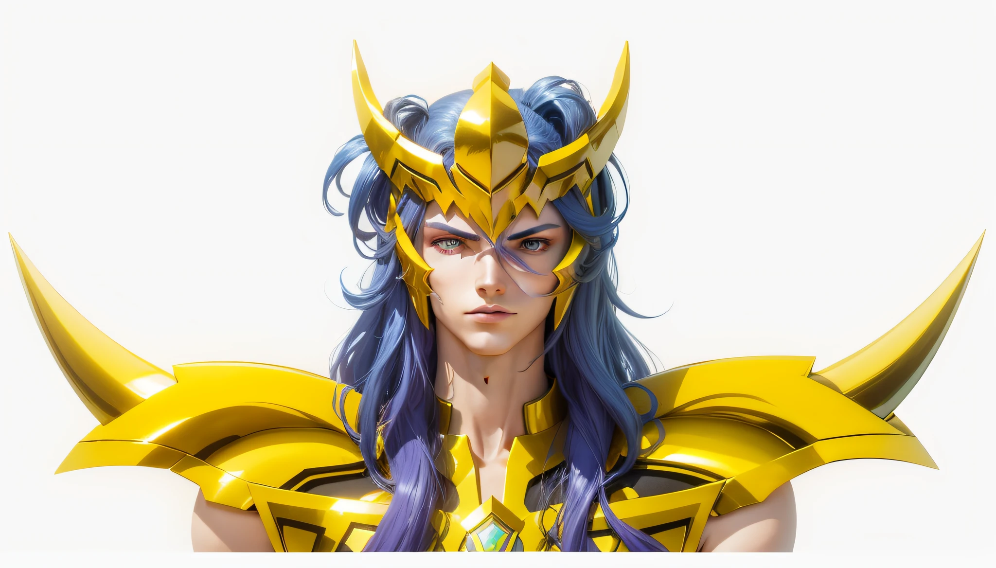 A cartoon image of an androgynous man with long hair and a head with tiara, realistic hair, portrait Scorpion Knights of the Zodiac, Saint Seiya, Knights of the Zodiac Girl, real and menacing vision, Realist, 4k, 8k, refined art, unreal engine render Saint Seiya, ((blue hair with lilac)), the sailor Galaxia. Handsome, the goddess Artemis smiling, Poseidon, linear colorful, the godess Hera looking angry, dragon portrait