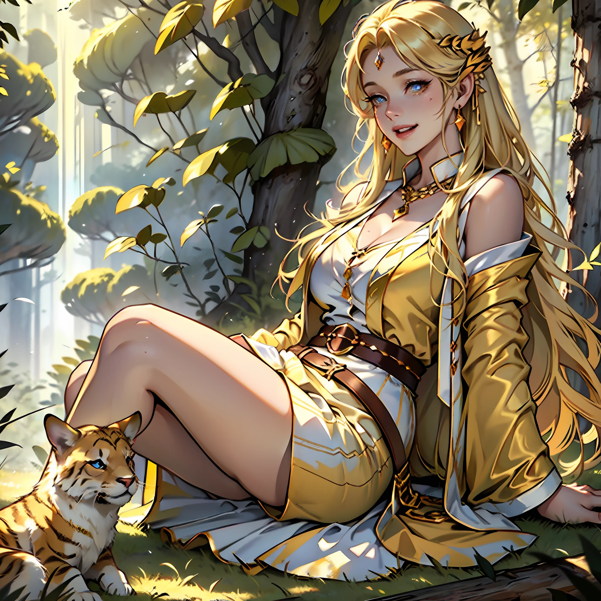 Long blonde hair, noble clothes, princess robes, beautiful woman, laughing, burnt yellow dress, tight white blouse, golden belt, lilac blouse, large breasts, curvy woman, thin waist, thick legs, female boots of burnt yellow color, golden necklace, light blue colored eyes, burnt yellow skirt, forest with animals, fantastic creatures around, fantasy scenery.