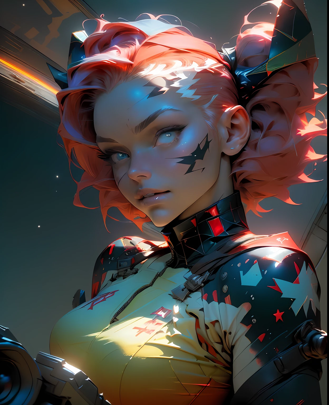 Red, ((Best quality)), ((masterpiece)), (detailed: 1.4), Female fighter pilot defined fitness body, half thick naked thighs, closed mouth, only in panties, muscular body parts covered by technological clothing, (((large breasts)) perfect, generous neckline, (((red clothing)), CCCP, pastel, short white hair with nasal topknot and shaved, short underwear, garter belt, tiara with metallic horns, by mucha, niji, close to real, best quality, almost naked, psychopathic, crazy face, inside an airplane cockpit, piloting, sexy pose, starry night background, outfit imitating P40 plane with shark mouth, rot rod flame tattoos, vintage, dark red bra with yellow stars, stars covering breasts, (((clothes with the colors of the flag of the Soviet Union))), Pointed shoulder pads, White eyes without pupils, HDR (High Dynamic Range),Ray Tracing,NVIDIA RTX,Super-Resolution,Unreal 5,Subsurface dispersion, PBR texture, Post-processing, Anisotropic filtering, Depth of field, Maximum clarity and sharpness, Multilayer textures, Albedo and specular maps, Surface shading, Accurate simulation of light-material interaction, Perfect proportions, Octane Render, Two-tone lighting, Wide aperture, Low ISO, White Balance, Rule of Thirds, 8K RAW, crysisnanosuit