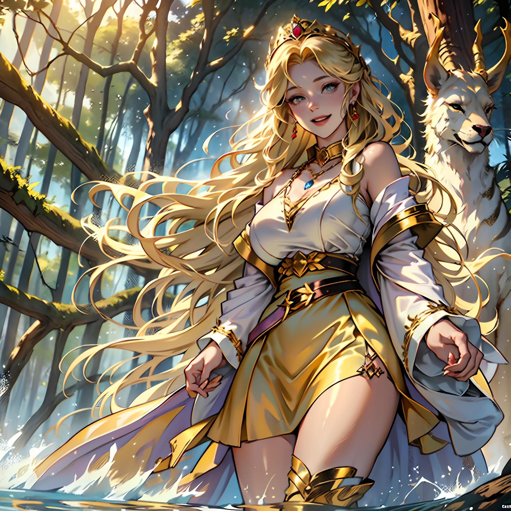 Long blonde hair, noble clothes, princess robes, beautiful woman, laughing, burnt yellow dress, tight white blouse, golden belt, lilac blouse, large breasts, curvy woman, thin waist, thick legs, female boots of burnt yellow color, golden necklace, light blue colored eyes, burnt yellow skirt, forest with animals, fantastic creatures around, fantasy scenery.