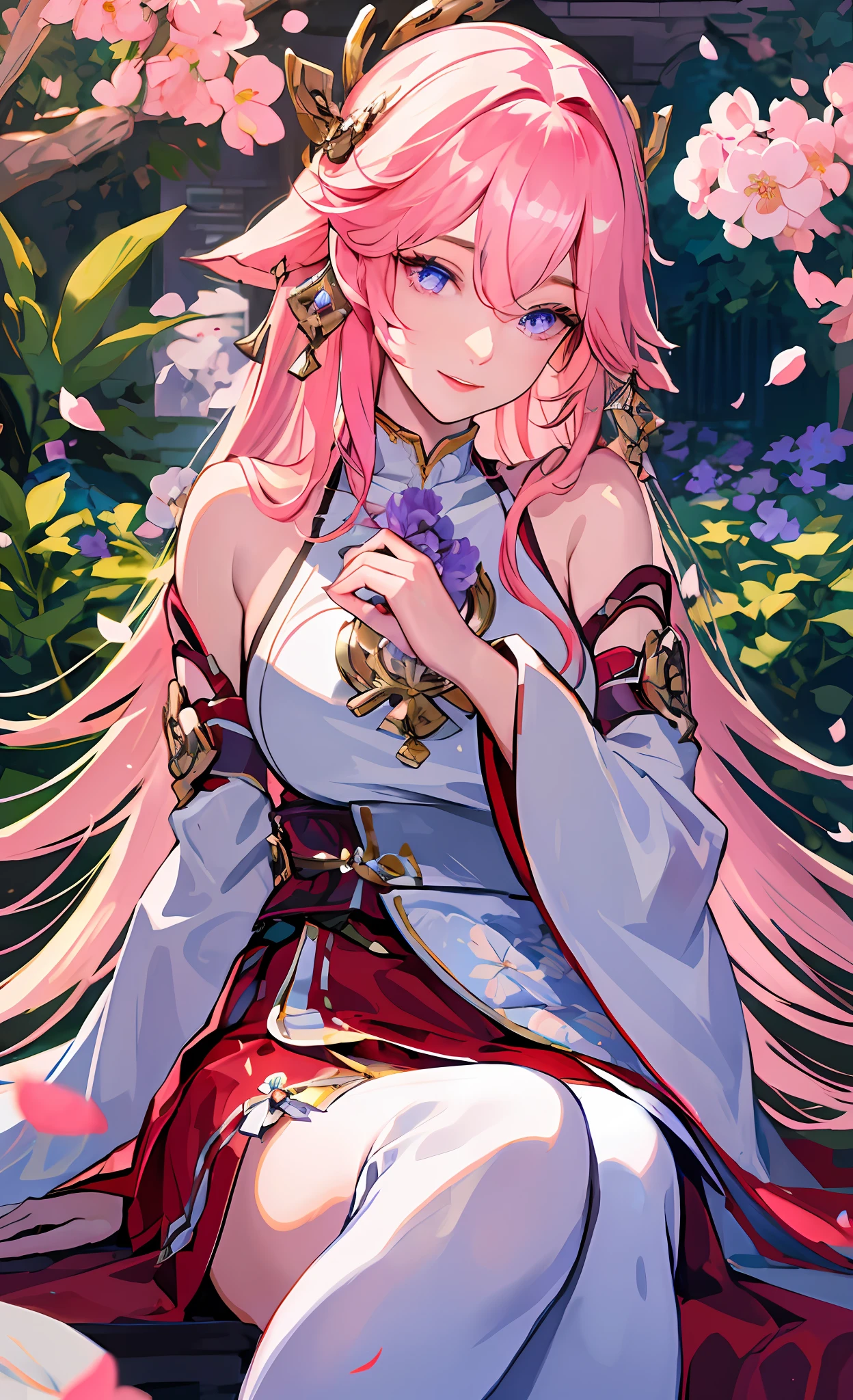 (masterpiece, sidelighting, finely detailed beautiful eyes: 1.2), masterpiece, realistic, glowing eyes,shiny hair, lustrous skin, solo, exquisite,beautifly,garden,flowers,flying petals,