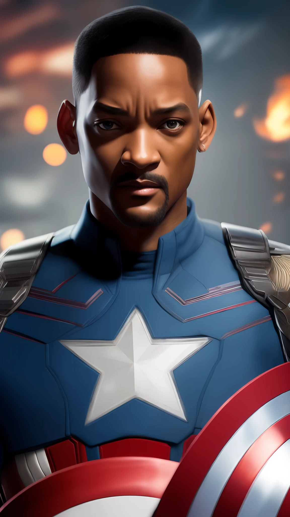 . .Tarantino style Will Smith as Captain America 8k, high definition, detailed face, detailed face, detailed eyes, detailed suit, in style of marvel and dc, hyper-realistic, + cinematic shot + dynamic composition, incredibly detailed, sharpen, details + superb details + evening with light + perfectionism + award winning realism ((moody lighting))