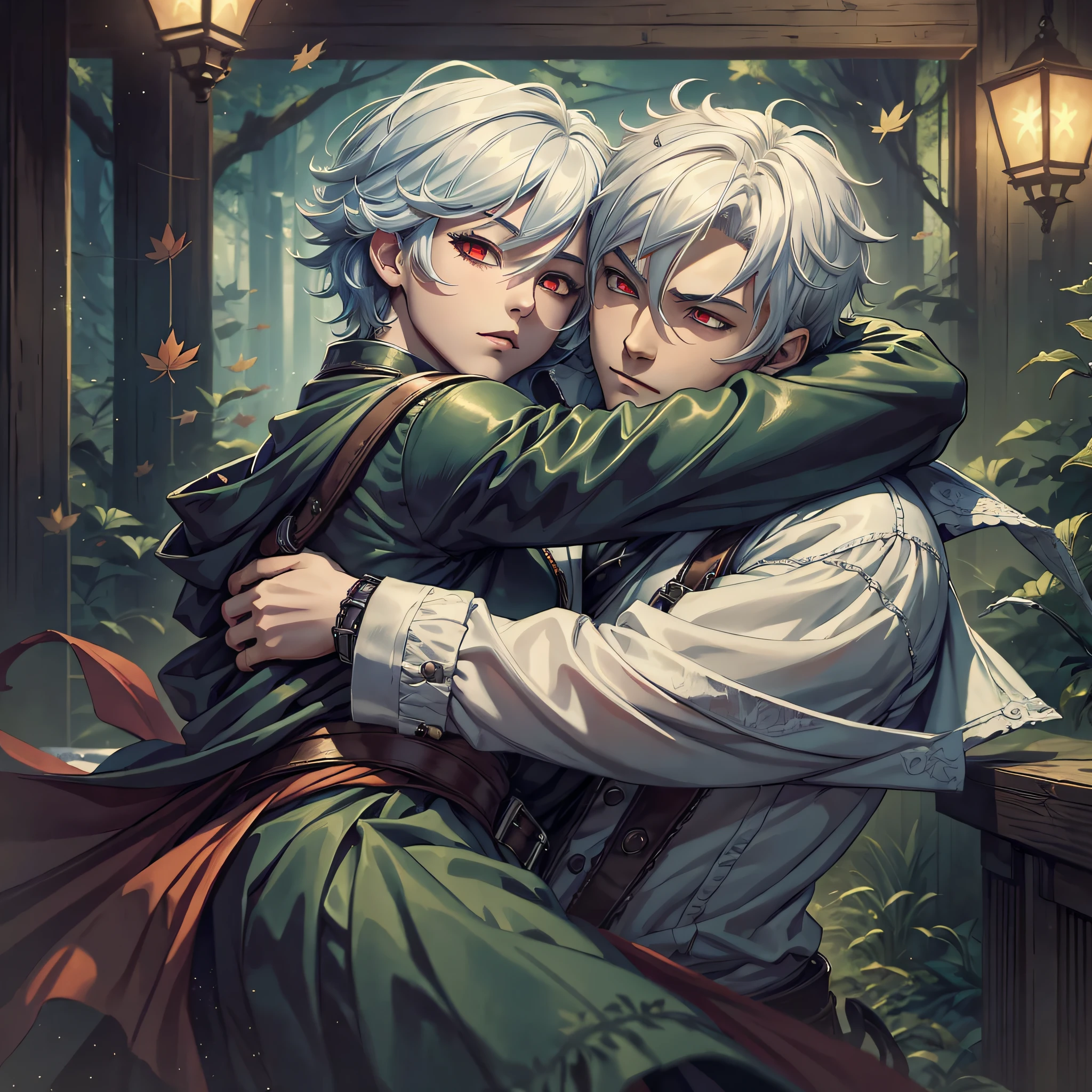 2boy, hugging (masterpiece), (best quality), (ultra detailed), Scaramouche(Wanderer), Kadzuha(Kaedehara), 2character, 2 boys, white hair, hugs, love, maple, wind and maple, red eye --auto --s2