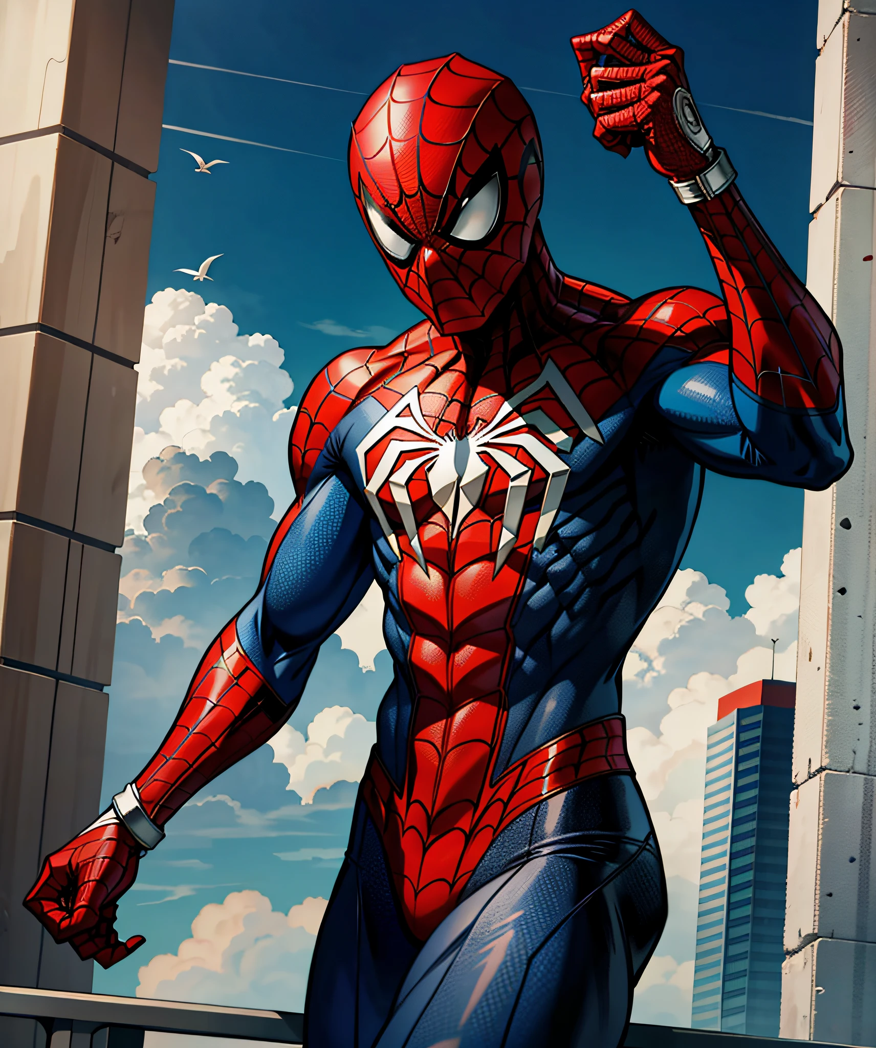 spiderman, red and grey suit, masterpiece