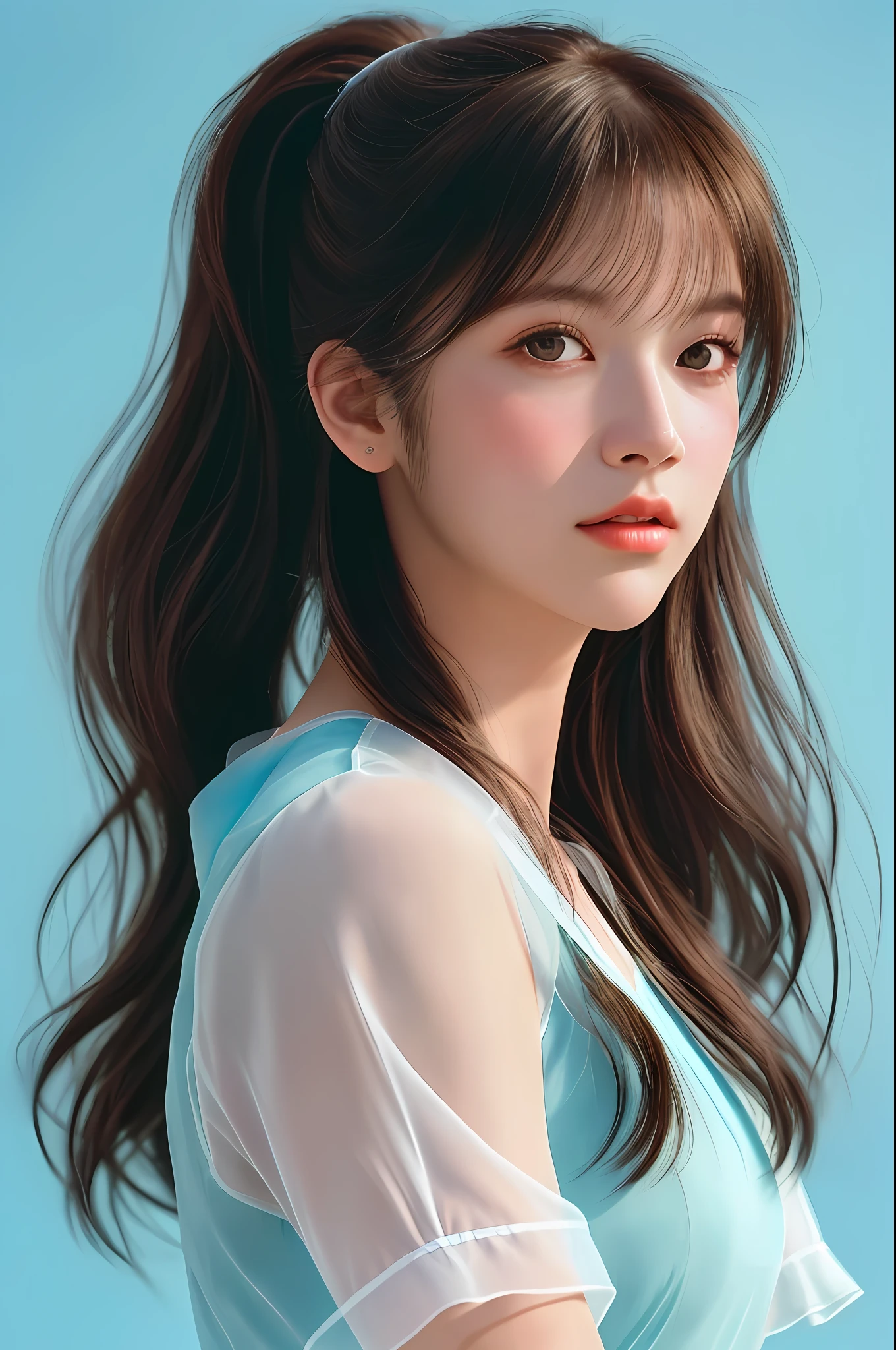 Best Quality, Masterpiece, Ultra High Resolution, (Film Grain: 1.4), Digital Photography, Bangs, Film Lighting, (Fuji Color: 1.2) Portrait,
1 girl, solo, ((front)), facing the viewer, high ponytail, close-up of the face, (((ID photo))), clear pores, 1 girl, looking at the audience, blue background (realistic: 1.2)