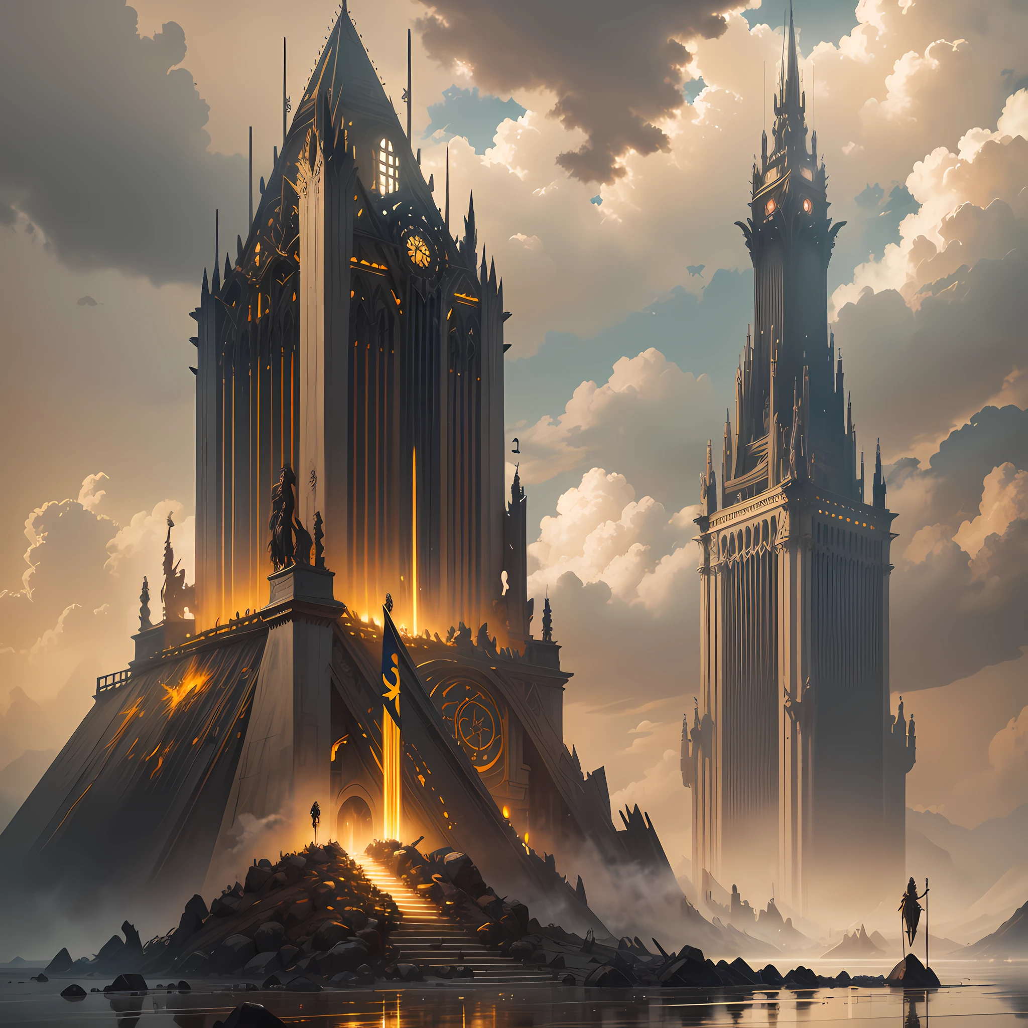 A golden spear floating in the air, destroyed environment, spear with the greatest prominence, spear of destiny, spear that pierced a god, focus on the spear, longinuslanze testament, dies irae, dramatic illumination. Concept Art, Nier Automata Concept Art --auto --s2