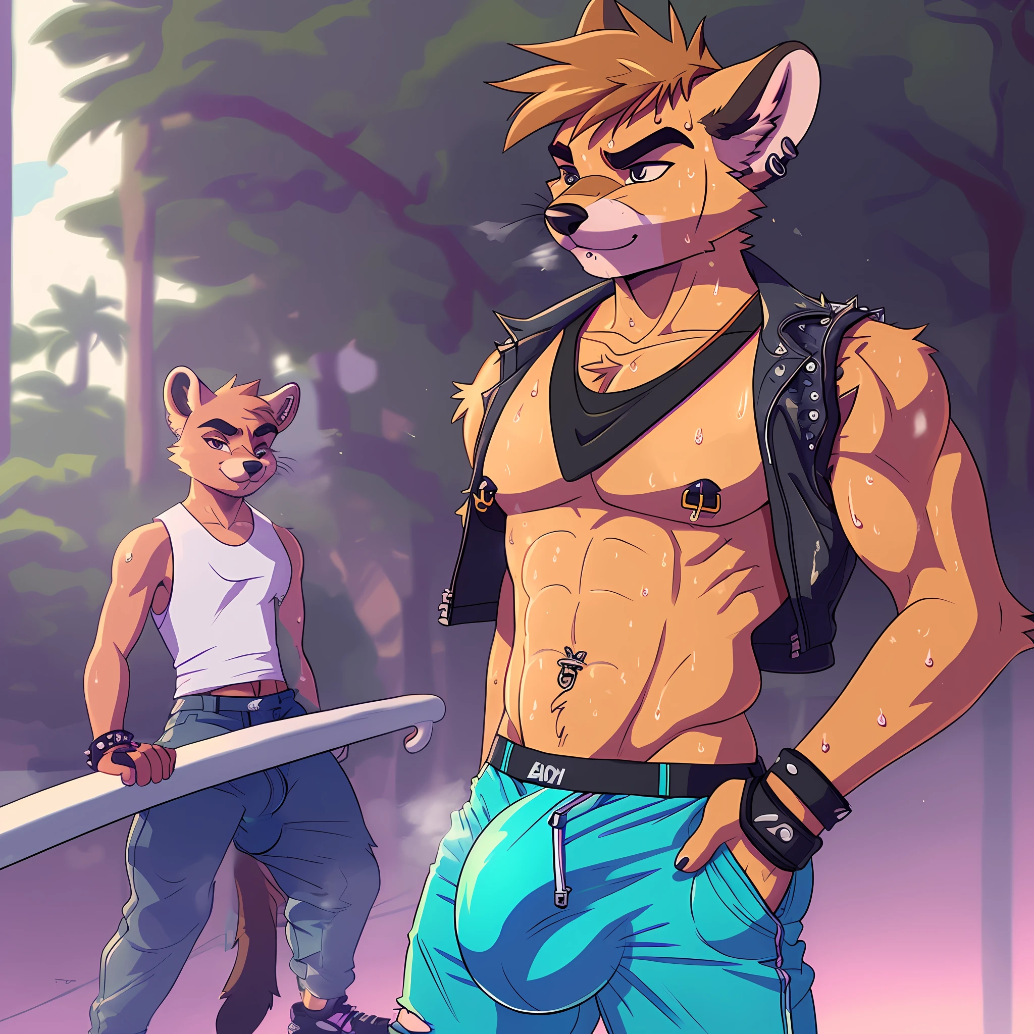 anthro, male, 1boy, solo focus, marten, skater punk, day, dim, detailed eyes, detailed clothes, thin, sleeveless top, sweaty pits, bare chest, fit, sweat, musk, tall, extreme pants bulge, ((huge bulge)), daddy, ((sweat)), ((musk)), detailed nipple piercings, masterpiece