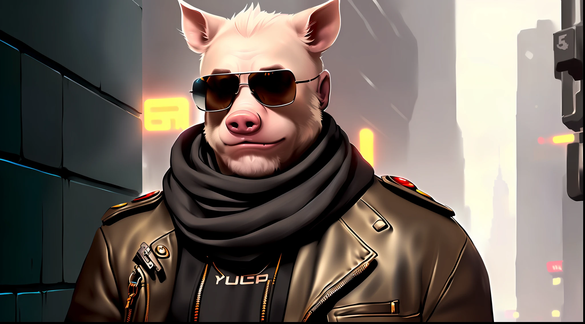 there is a pig wearing sunglasses and a scarf standing next to a wall, wojtek fus, hybrid of pig and nyc policeman, shadowrun character art, anthropomorphic gangster rat, ultra realistic concept art, an anthropomorphic gangster rat, cyberpunk style ， hyperrealistic, shadowrun splash art, highly realistic concept art, anthropomorphic warrior piglet