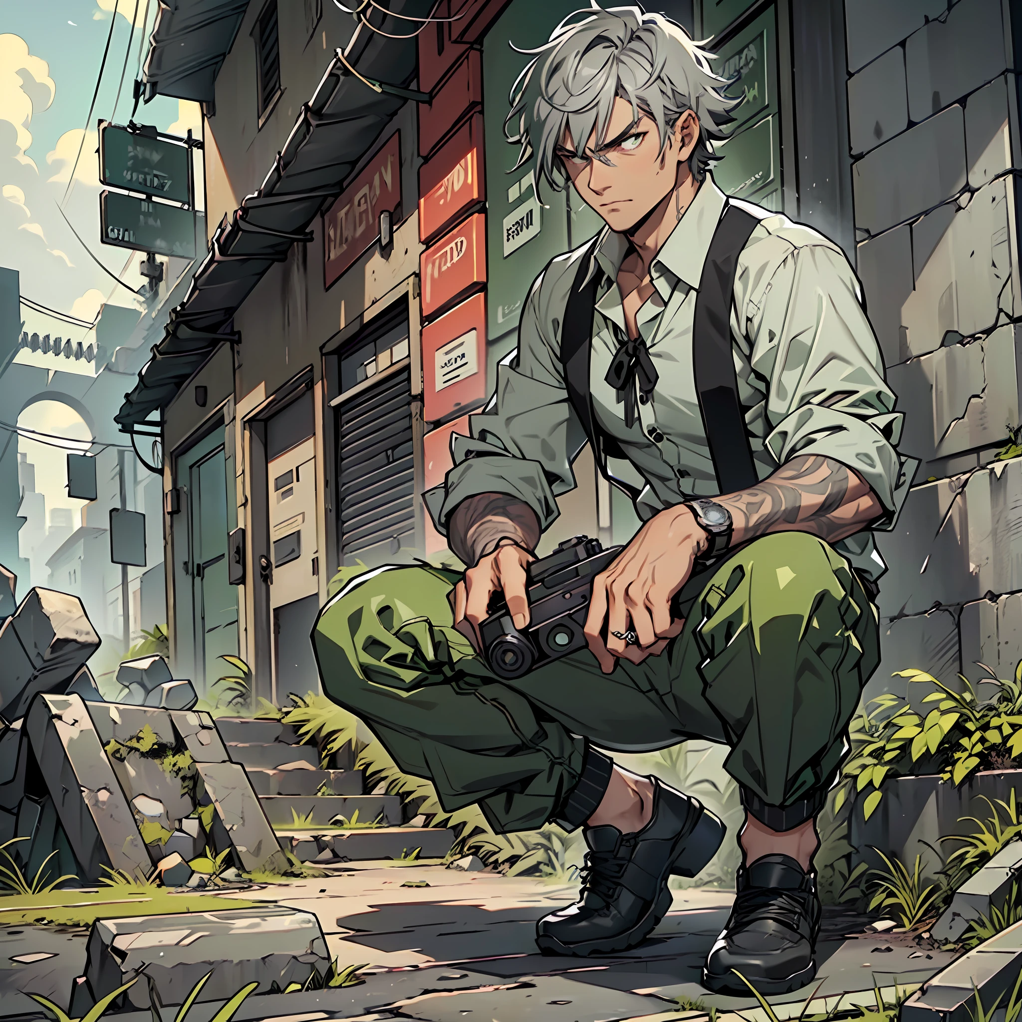 Man of defined body, sniper, two pistols in his hands, gray hair, locks of hair in moss green tone, short hair, ((social blouse of black and gray color, black and long gray pants)), social shoes of black color, rings of energy in the hands, serious look, eyes of light green color, ancient kingdom, abandoned city, black tie.