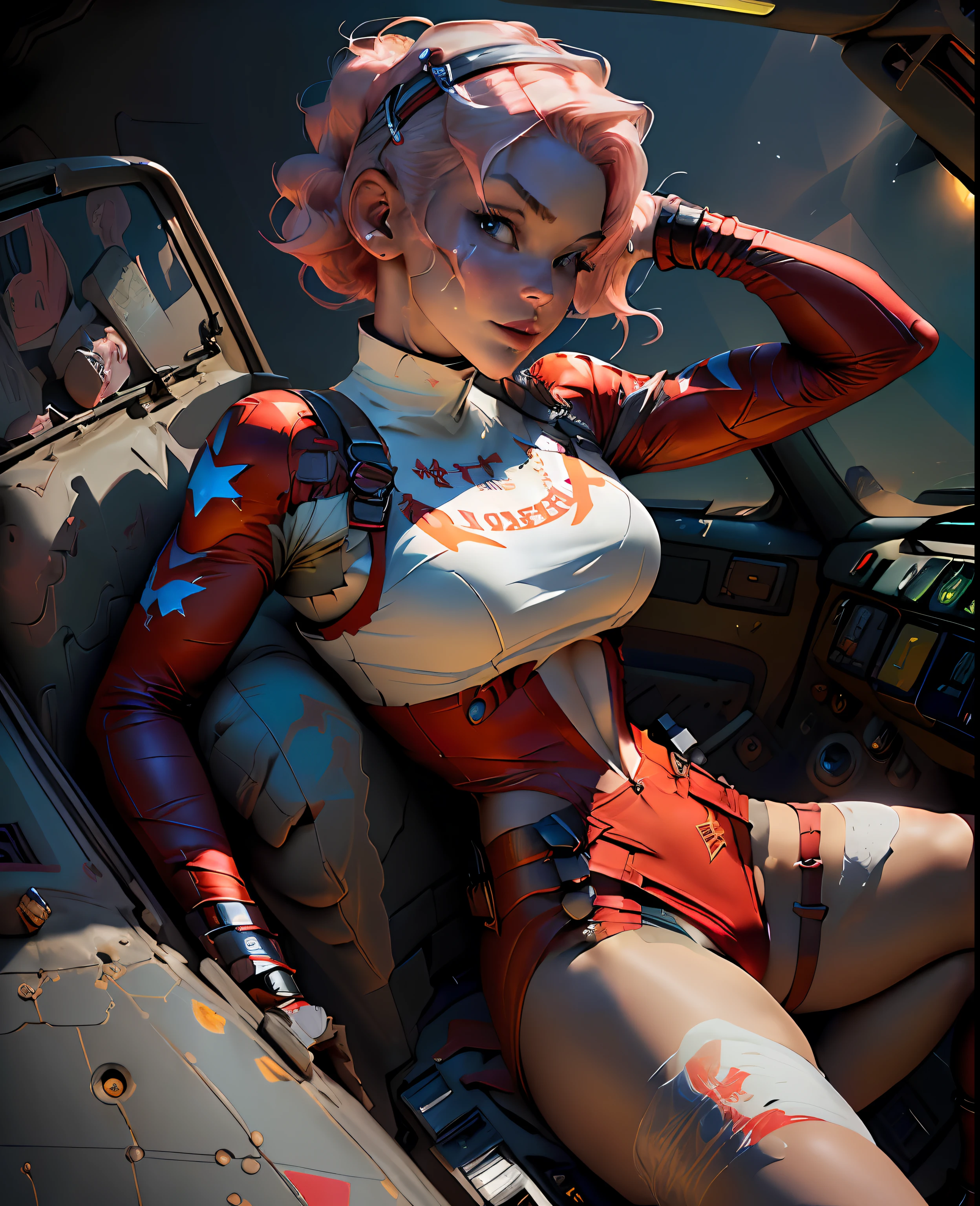 ((Best quality)), ((masterpiece)), (detailed: 1.4), Fighter pilot woman fitness body defined, half thick naked thighs, closed mouth, only in panties, muscular body parts covered by technological clothing, (((large breasts)) perfect, generous neckline, (((red clothing)), CCCP, pastel, short white hair with nasal topknot and shaved, short underwear, garter belt, tiara with metallic horns, by mucha,  niji, close to real, best quality, almost naked, psychopathic, crazy face, inside an airplane cockpit, piloting, sexy pose, starry night background, outfit imitating P40 plane with shark mouth, rot rod flame tattoos, vintage, dark red bra with yellow stars, stars covering breasts, (((clothes with the colors of the flag of the Soviet Union))),  Pointed shoulder pads, White eyes without pupils, HDR (High Dynamic Range),Ray Tracing,NVIDIA RTX,Super-Resolution,Unreal 5,Subsurface dispersion, PBR texture, Post-processing, Anisotropic filtering, Depth of field, Maximum clarity and sharpness, Multilayer textures, Albedo and specular maps, Surface shading, Accurate simulation of light-material interaction, Perfect proportions, Octane Render, Two-tone lighting, Wide aperture, Low ISO,  White Balance, Rule of Thirds, 8K RAW, crysisnanosuit