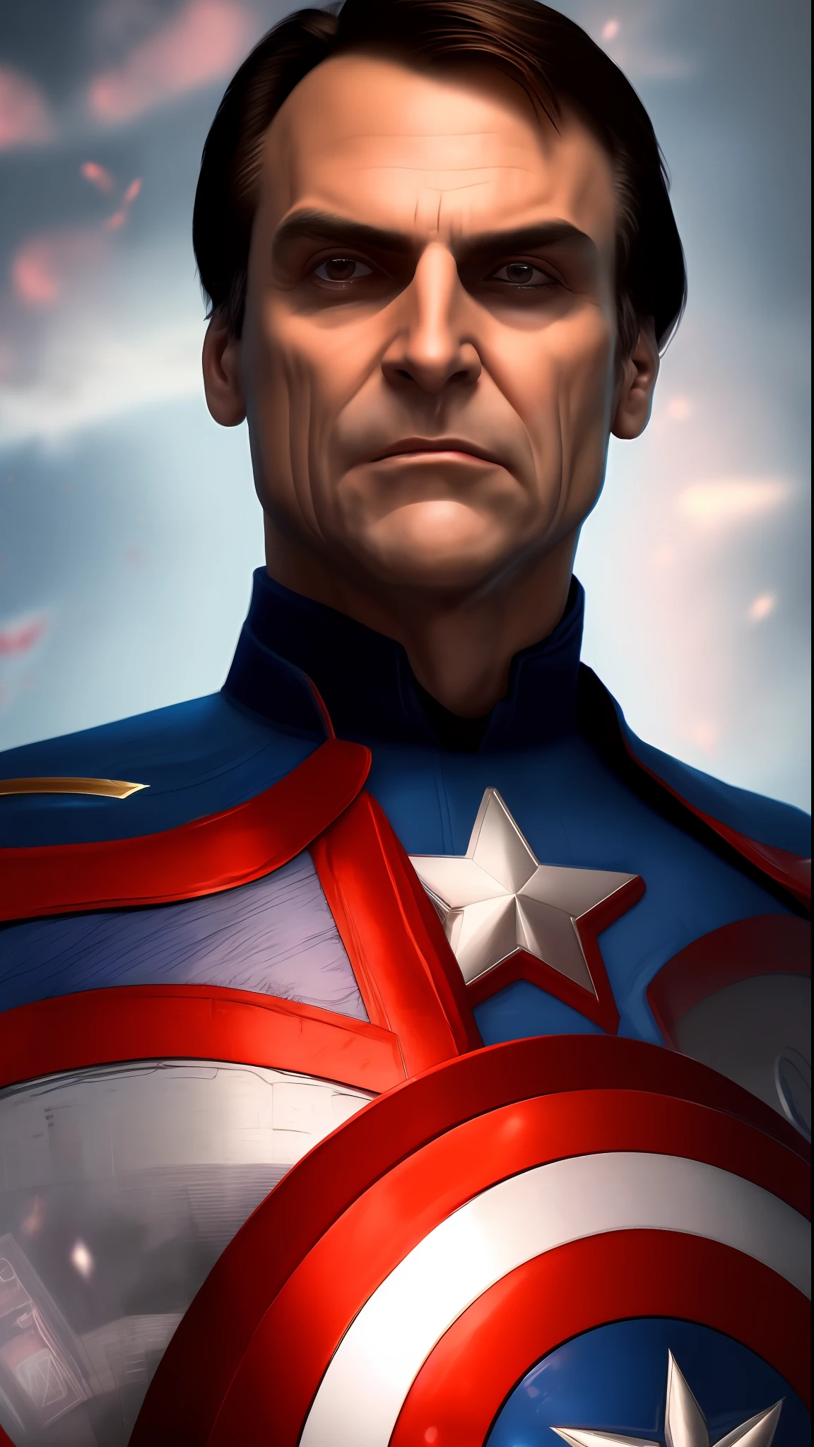 . .Tarantino Jair Bolsonaro style as Captain America 8k, high definition, detailed face, detailed face, detailed eyes, detailed suit, Marvel and DC style, hyper-realistic, + cinematic plan + dynamic composition, incredibly detailed, sharpness, details + superb details + night with light + perfectionism + award-winning realism ((soft lighting))