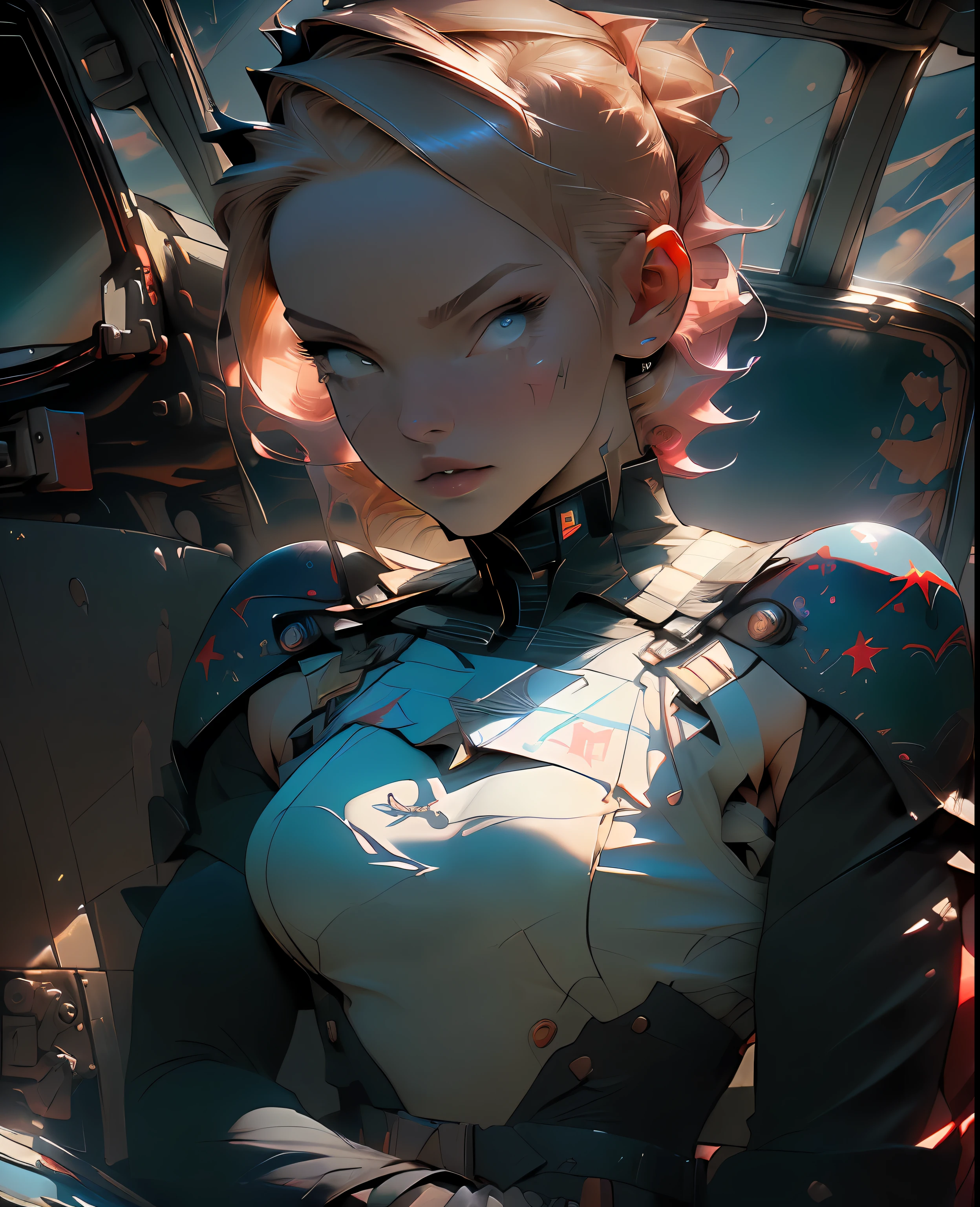 ((Best quality)), ((masterpiece)), (detailed: 1.4), Fighter pilot woman fitness body defined, half thick bare thighs, closed mouth, only panties, muscular body parts covered by technological clothing, (((large breasts)) perfect, generous neckline, (((red clothing)), CCCP, pastel, short blond hair with nasal topknot and shaved, short underwear, garter belt, tiara with metallic horns, by mucha, niji, close to real, best quality, almost naked, psychopathic, crazy face, inside an airplane cockpit, piloting, sexy pose, starry night background, outfit imitating P40 plane with shark mouth, rot rod flame tattoos, vintage, dark red bra with yellow stars, stars covering breasts, (((clothes with the colors of the flag of the Soviet Union))), Pointed shoulder pads, White eyes without pupils, HDR (High Dynamic Range),Ray Tracing,NVIDIA RTX,Super-Resolution,Unreal 5,Subsurface dispersion, PBR texture, Post-processing, Anisotropic filtering, Depth of field, Maximum clarity and sharpness, Multilayer textures, Albedo and specular maps, Surface shading, Accurate simulation of light-material interaction, Perfect proportions, Octane Render, Two-tone lighting, Wide aperture, Low ISO, White Balance, Rule of Thirds, 8K RAW, crysisnanosuit