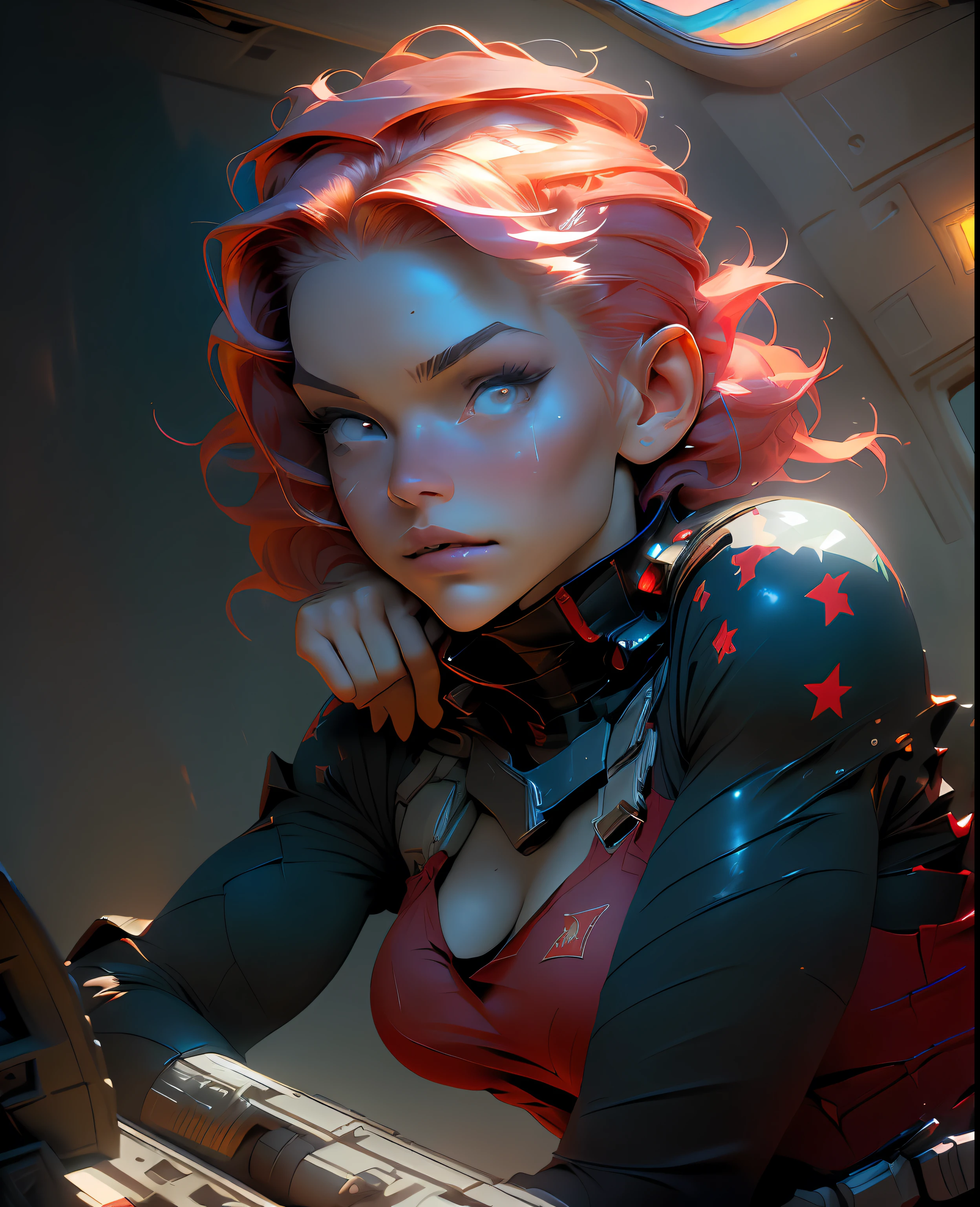Red, ((Best quality)), ((masterpiece)), (detailed: 1.4), Female fighter pilot defined fitness body, half thick naked thighs, closed mouth, only in panties, muscular body parts covered by technological clothing, (((large breasts)) perfect, generous neckline, (((red clothing)), CCCP, pastel, short white hair with nasal topknot and shaved, short underwear, garter belt, tiara with metallic horns, by mucha, niji, close to real, best quality, almost naked, psychopathic, crazy face, inside an airplane cockpit, piloting, sexy pose, starry night background, outfit imitating P40 plane with shark mouth, rot rod flame tattoos, vintage, dark red bra with yellow stars, stars covering breasts, (((clothes with the colors of the flag of the Soviet Union))), Pointed shoulder pads, White eyes without pupils, HDR (High Dynamic Range),Ray Tracing,NVIDIA RTX,Super-Resolution,Unreal 5,Subsurface dispersion, PBR texture, Post-processing, Anisotropic filtering, Depth of field, Maximum clarity and sharpness, Multilayer textures, Albedo and specular maps, Surface shading, Accurate simulation of light-material interaction, Perfect proportions, Octane Render, Two-tone lighting, Wide aperture, Low ISO, White Balance, Rule of Thirds, 8K RAW, crysisnanosuit
