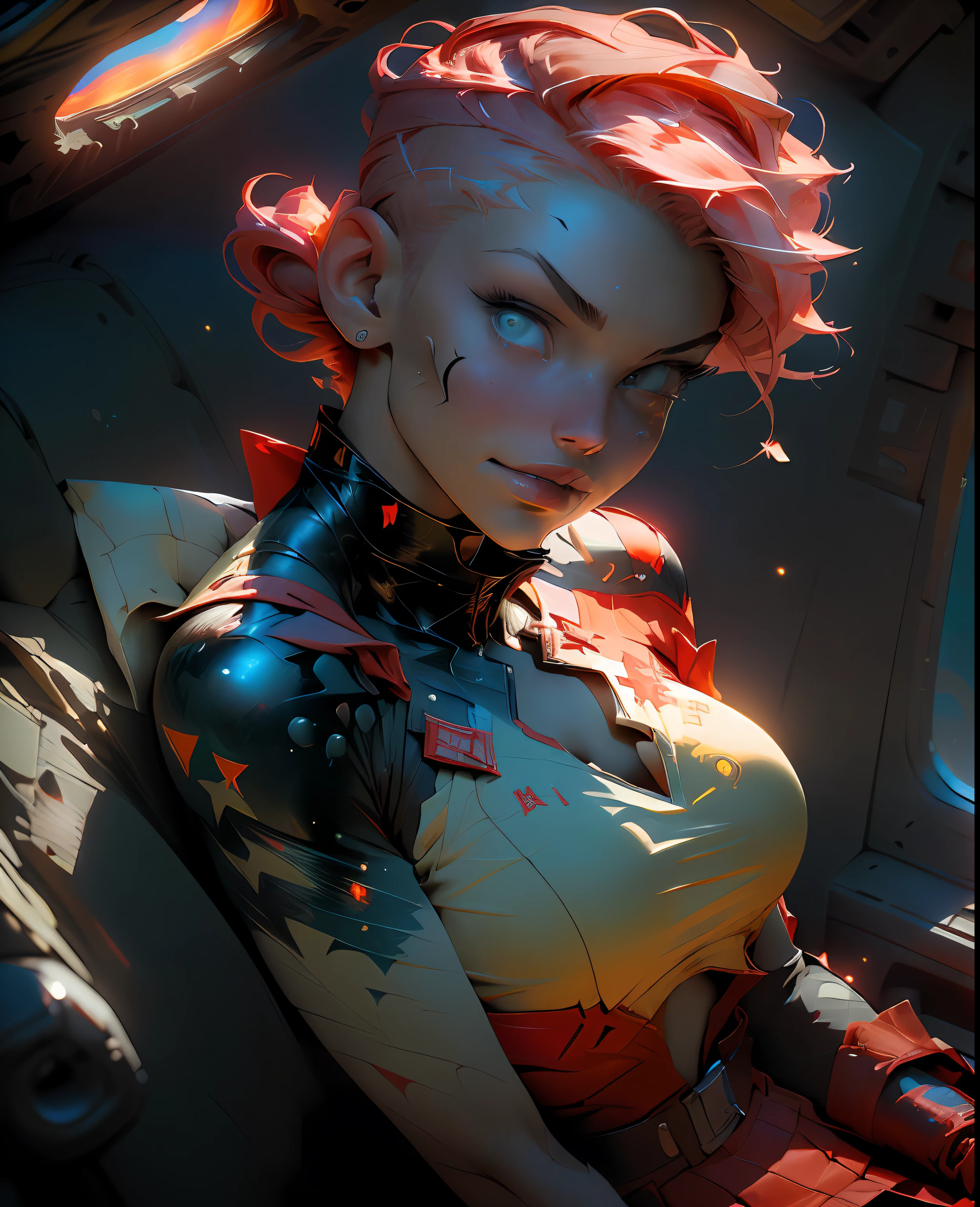 Red, ((Best quality)), ((masterpiece)), (detailed: 1.4), Female fighter pilot defined fitness body, half thick naked thighs, closed mouth, only in panties, muscular body parts covered by technological clothing, (((large breasts)) perfect, generous neckline, (((red clothing)), CCCP, pastel, short white hair with nasal topknot and shaved, short underwear, garter belt, tiara with metallic horns, by mucha, niji, close to real, best quality, almost naked, psychopathic, crazy face, inside an airplane cockpit, piloting, sexy pose, starry night background, outfit imitating P40 plane with shark mouth, rot rod flame tattoos, vintage, dark red bra with yellow stars, stars covering breasts, (((clothes with the colors of the flag of the Soviet Union))), Pointed shoulder pads, White eyes without pupils, HDR (High Dynamic Range),Ray Tracing,NVIDIA RTX,Super-Resolution,Unreal 5,Subsurface dispersion, PBR texture, Post-processing, Anisotropic filtering, Depth of field, Maximum clarity and sharpness, Multilayer textures, Albedo and specular maps, Surface shading, Accurate simulation of light-material interaction, Perfect proportions, Octane Render, Two-tone lighting, Wide aperture, Low ISO, White Balance, Rule of Thirds, 8K RAW, crysisnanosuit