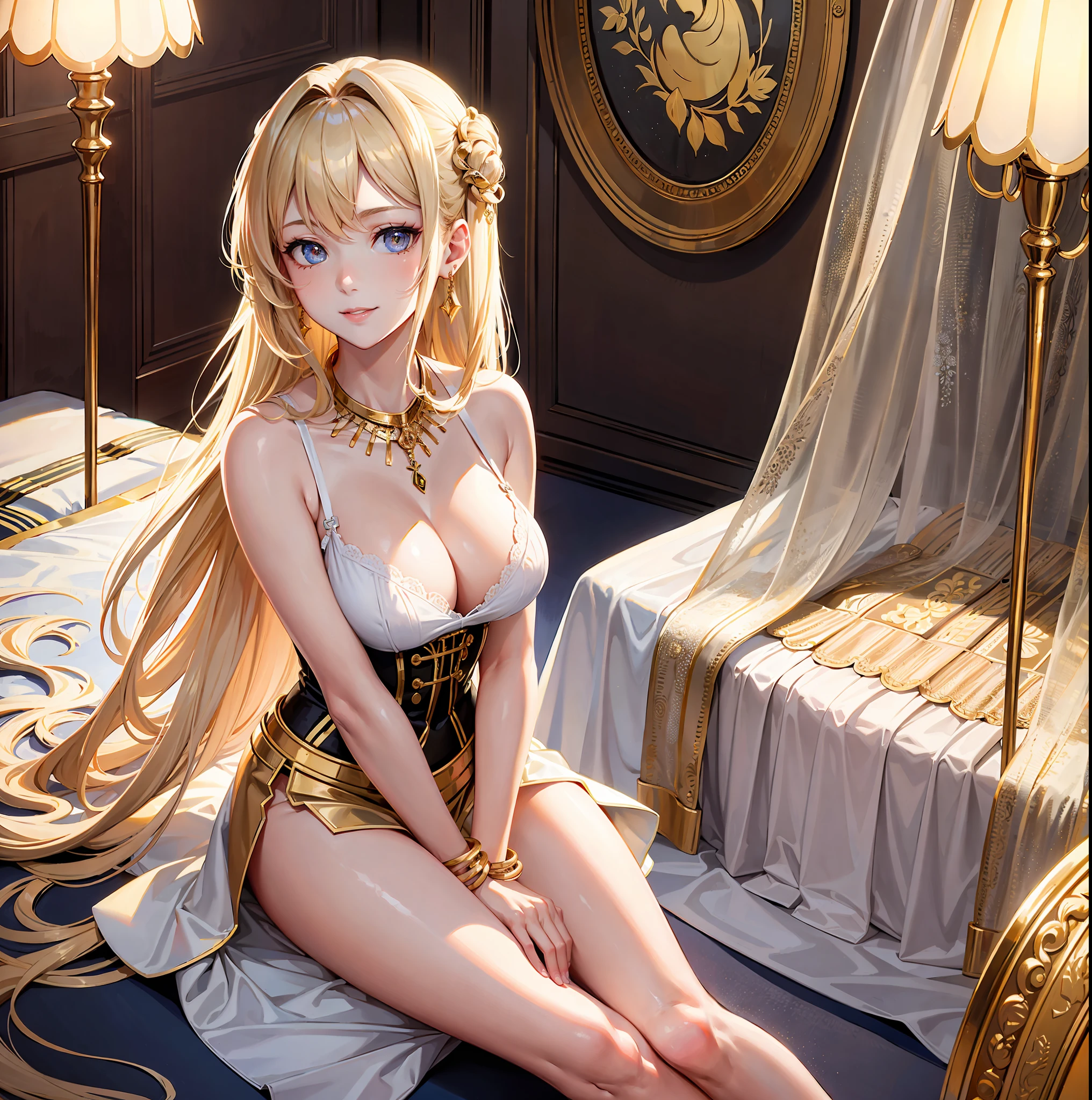 ((masterpiece, best quality)), st. louis \(luxurious wheels\) \(azur lane\), highres, highest quallity, illustration, cinematic light, ultra detailed, detailed face, (detailed eyes), best quality, hyper detailed, masterpiece, (detailed face), large breasts, hair ornament, earrings, necklace, portrait, golden braclet, blonde hair, golden underwear, revealing clothes,highest details, 1 girl, luminous eyes, (hotel:1.2), kneeling on the floor, on knees, bed, sitting on knees, hands between legs, both hands between legs, covering, light smile, looking up, looking at viewer, pov, sky, backlighting, light rays, (high contrast), (colorful),