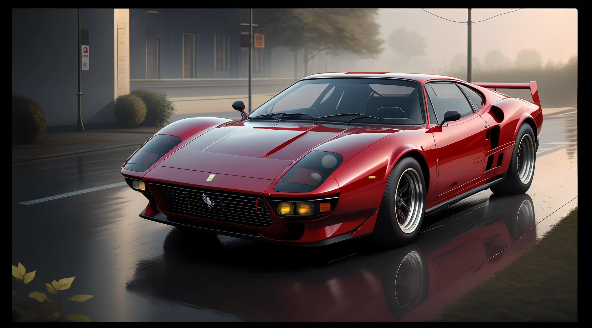 ferrari 280 gto red sports car parked on a wet street in the rain, red sports car 80s, highly detailed Hyper Real Retro, Art Deco overcomes anime aesthestic, octane cgsociety, Daniel Maidman octane rendering, miura kentaro style, outrun art style, panther ((countach)), inspired by Kentaro Miura