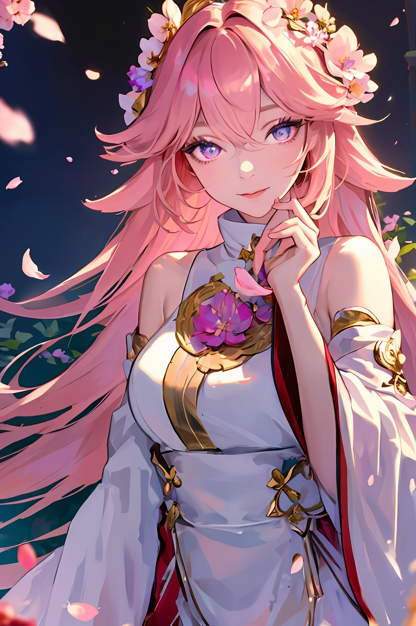 (masterpiece, sidelighting, finely detailed beautiful eyes: 1.2), masterpiece, realistic, glowing eyes,shiny hair, lustrous skin, solo, exquisite,beautifly,garden,flowers,flying petals,