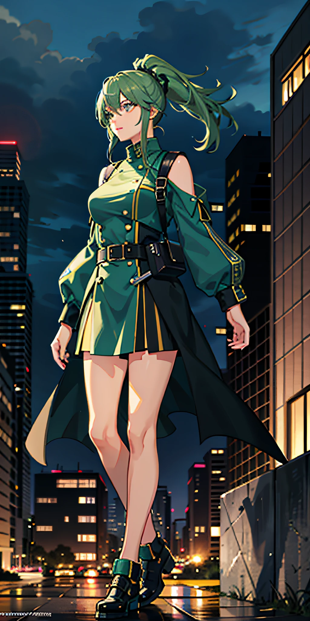 Portrait of Leona Heid's face from The King of Fighters game Hair color: Blue Hairstyle: ponytail with fringe Clothing: Military uniform with green and black camouflage Personality: Highlighting the eyes, Urban area with busy streets and tall buildings in the background Lighting: bright neon lights reflecting the character's clothing and hair Illustration style: Realistic anime model art Special Effect: Rain falling around the character.