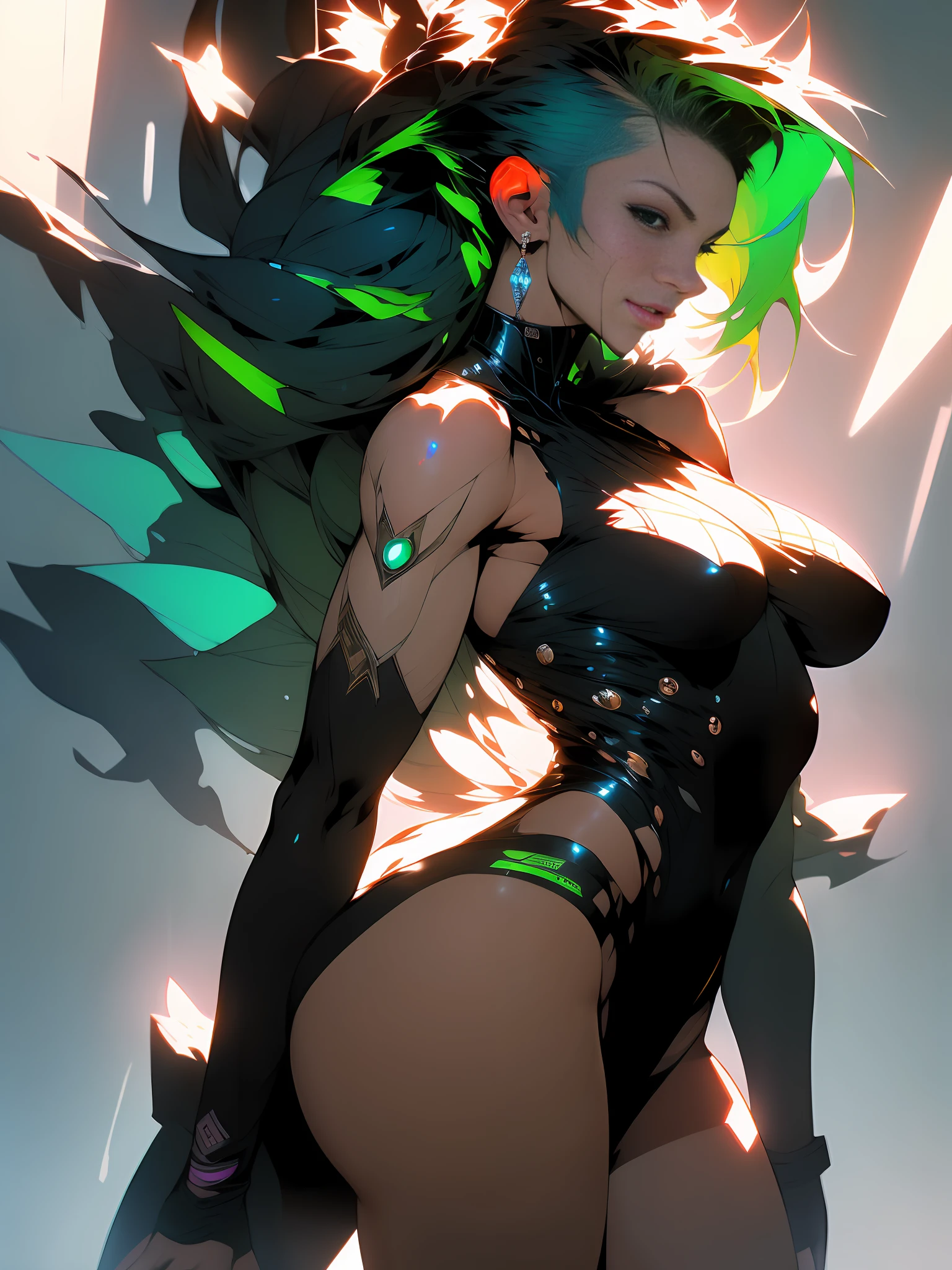 ((Best quality)), ((masterpiece)), (detailed: 1.4),Caucasian girl, mohawk green hair in tiny bikini, slim physique, beautiful ass and fitness, butt focus, full-length, beautiful figure, bare thighs, body parts covered by cyberpunk clothing, rays painted by body body, tanned and sweaty skin, (((big breasts)) perfect, generous neckline, pastel, black mohawk hair with small white locks, short underwear, garter belt, by mucha, niji, close to real, best quality, almost naked, psychopath, crazy face, action pose, sexy pose, super detailed, alien beach, beautiful alien sky, Nji —V5, pastel, HDR (High Dynamic Range),Ray Tracing,NVIDIA RTX,Super-Resolution,Unreal 5,Subsurface dispersion, PBR texture, Post-processing, Anisotropic filtering, Depth of field, Maximum clarity and sharpness, Multilayer textures, Albedo and specular maps, Surface shading, Accurate simulation of light-material interaction, Perfect proportions, Octane Render, Two-tone lighting, Wide aperture, Low ISO, White balance, Rule of thirds, 8K RAW, crysisnanosuit