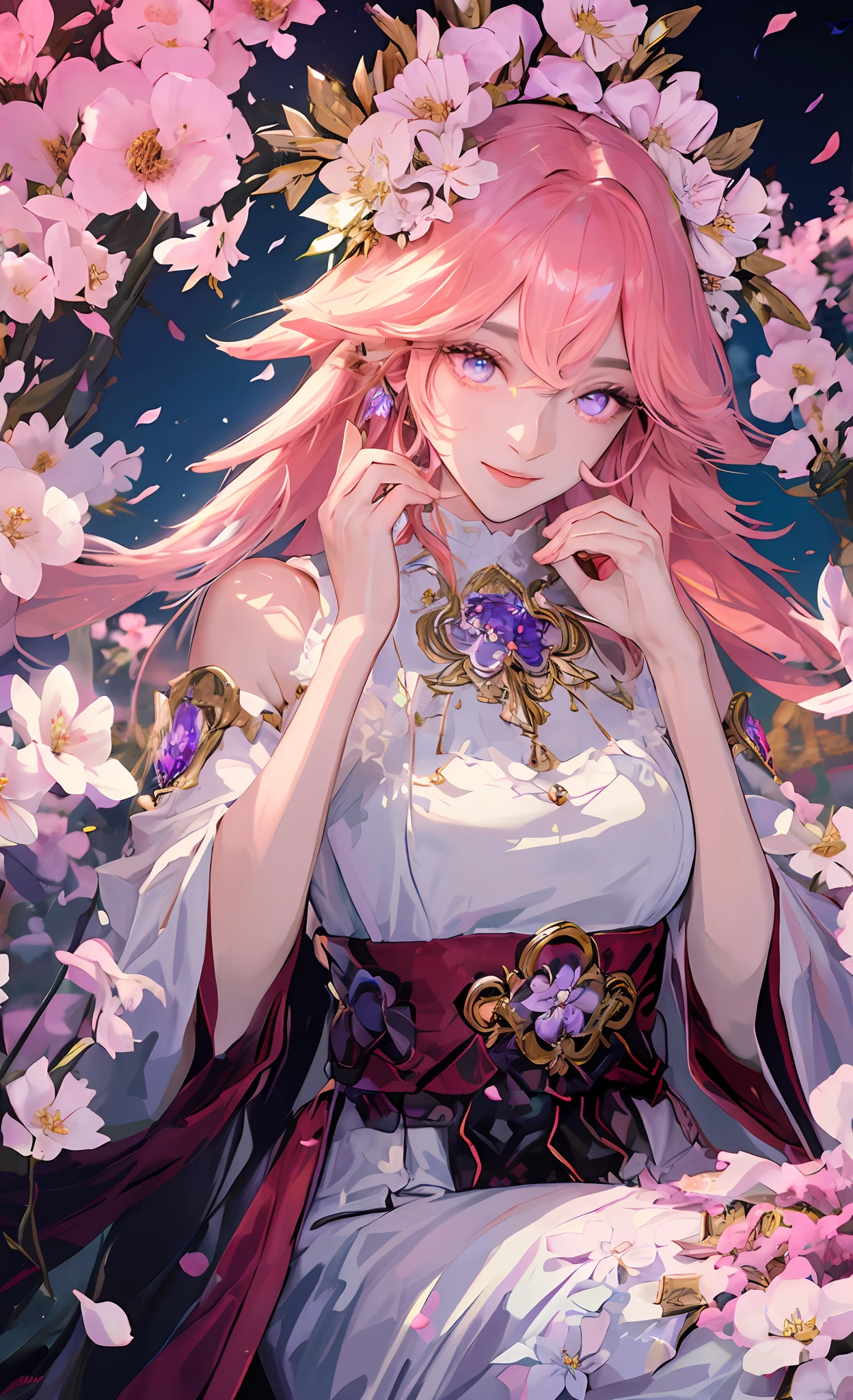 (masterpiece, sidelighting, finely detailed beautiful eyes: 1.2), masterpiece, realistic, glowing eyes,shiny hair, lustrous skin, solo, exquisite,beautifly,garden,flowers,flying petals,