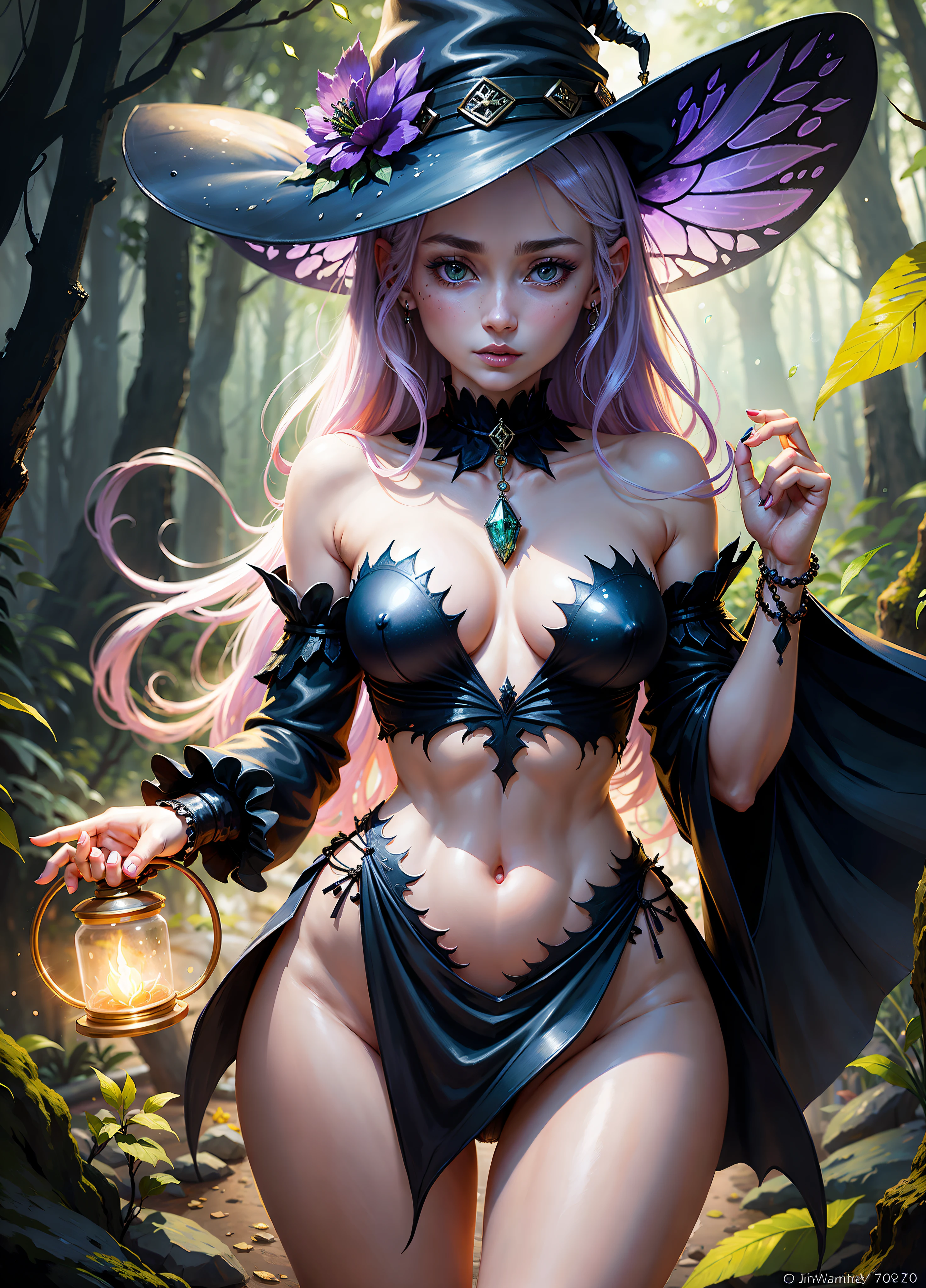 sexy full shot body photo of the most beautiful artwork in the world, illustration, cinematic light, fantasy, highres, highest quallity, ultra detailed,  best quality, masterpiece, (detailed face), sexy mature woman wears a shirt and (torn) fullbody (transparent galaxy) cloths coat, floating cloth, choker, glowing (elder underworld fantasy) forest plants with neon details, open shoulders, tiny glowing butterfly, hair jewery, wearing a torn witch hat, (focus on body:1.25), night, small mutated animals in background, torn mini skirt ,a potion on hip, shoulder pads emitting magic energy, cameltoe, dark, light reflection
