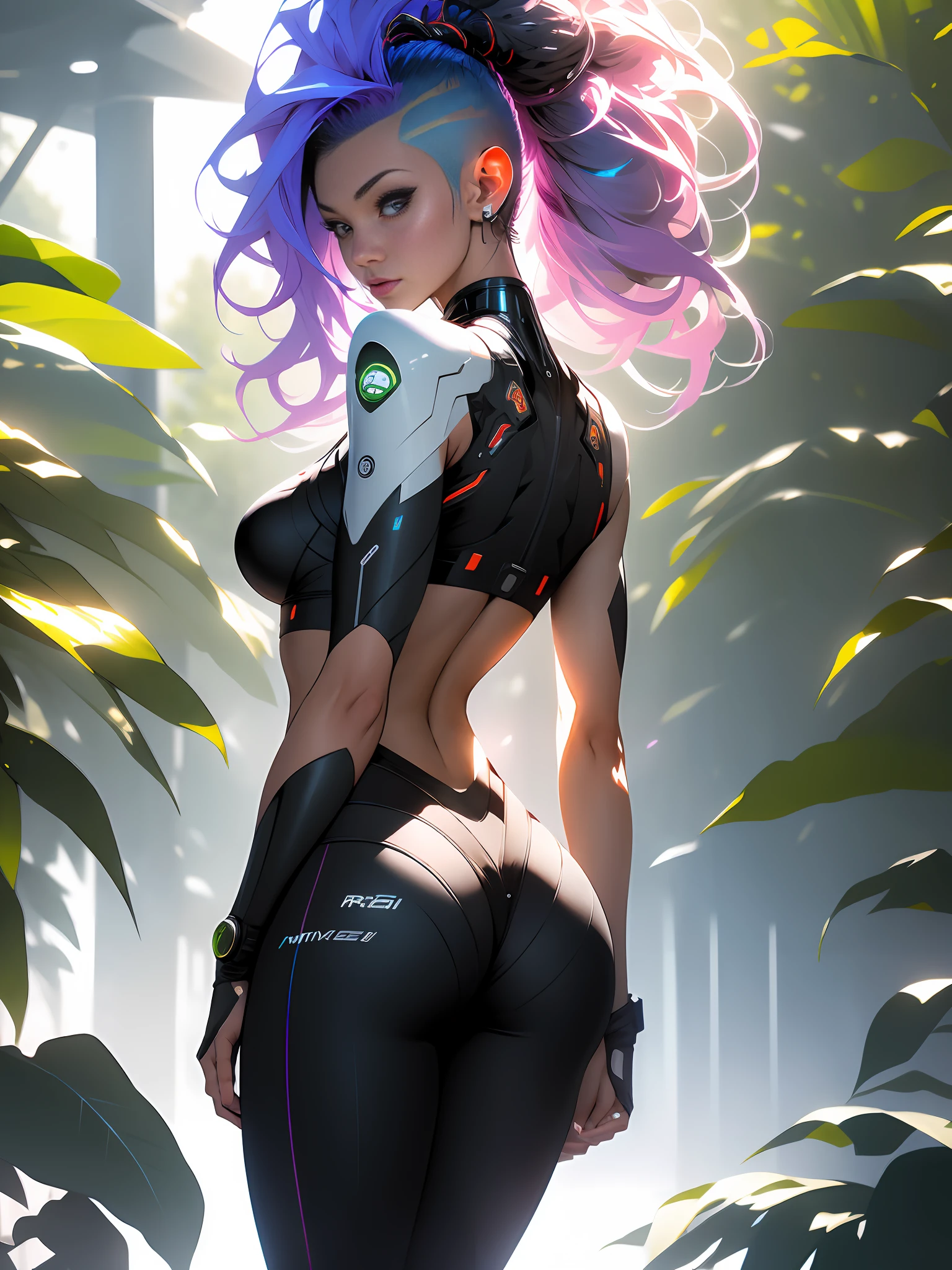 ((Best Quality)), ((Masterpiece)), (detailed: 1.4),Caucasian girl, mohawk colored hair in tiny bikini, slim physique, beautiful ass and fitness, butt focus, full-length, cute figure, cyberpunk bikini, rod rod theme clothing items, cyberpunk style, super detailed, alien beach, beautiful alien sky, Nji —V5, pastel, HDR (High Dynamic Range),Ray Tracing,NVIDIA RTX,Super-Resolution,Unreal 5, Subsurface Dispersion, PBR Texture, Post-processing, Anisotropic Filtering, Depth of Field, Maximum Clarity and Sharpness, Multilayer Textures, Albedo and Specular Maps, Surface Shading, Accurate Simulation of Light-Material Interaction, Perfect Proportions, Octane Render, Two-Tone Lighting, Wide Aperture, Low ISO, White Balance, Rule of Thirds, 8K RAW, Crysisnanosuit