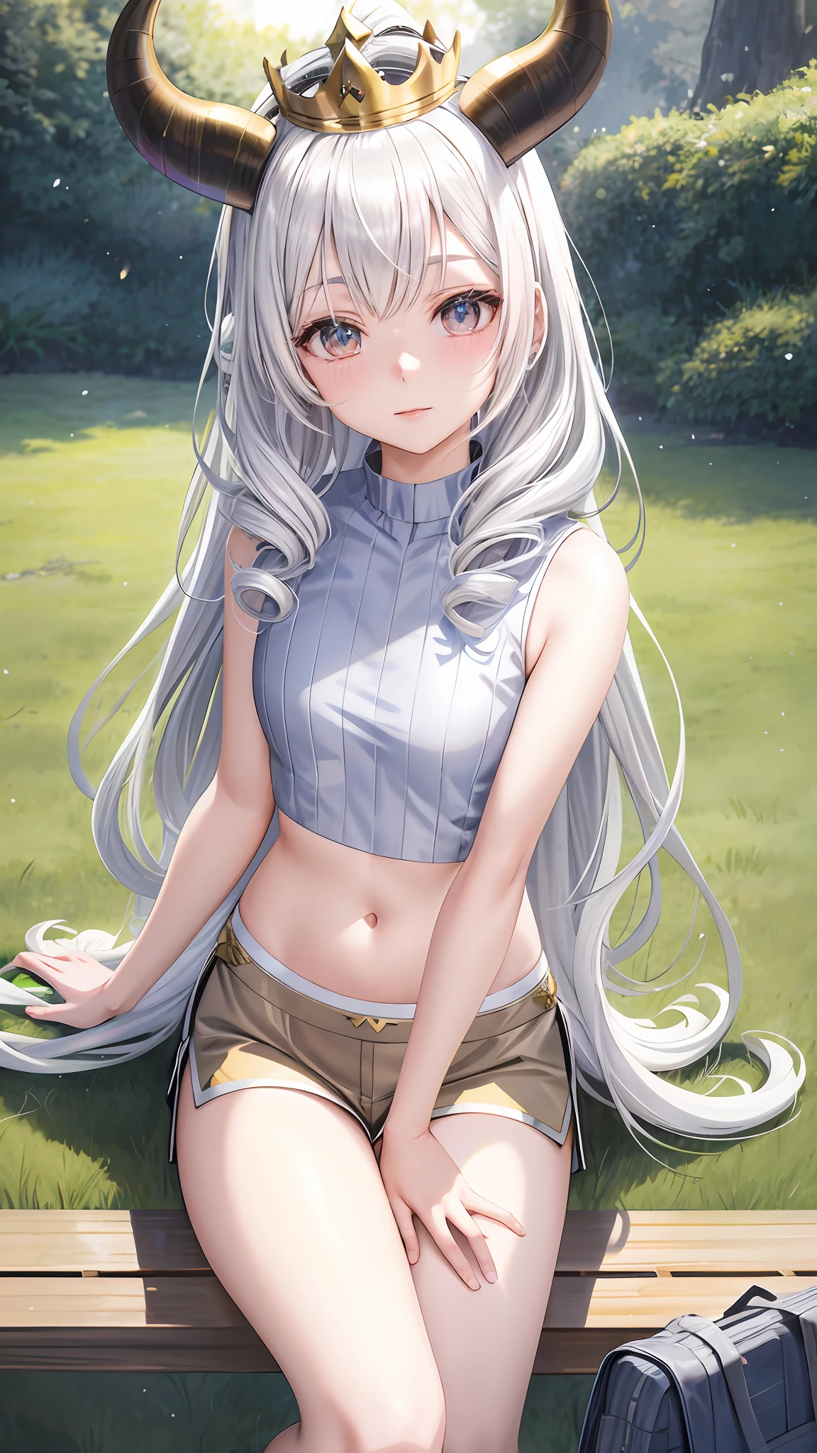 Anime girl, golden crown, horns, horns sitting on bench in field, perfect white hair girl, silver hair (ponytail), white hair girl, white hair god, anime girl with long hair, white hair, silver hair girl, beautiful anime girl, cute girl with anime vision, white hair lady, girl silver hair, beautiful anime girl, silver hair