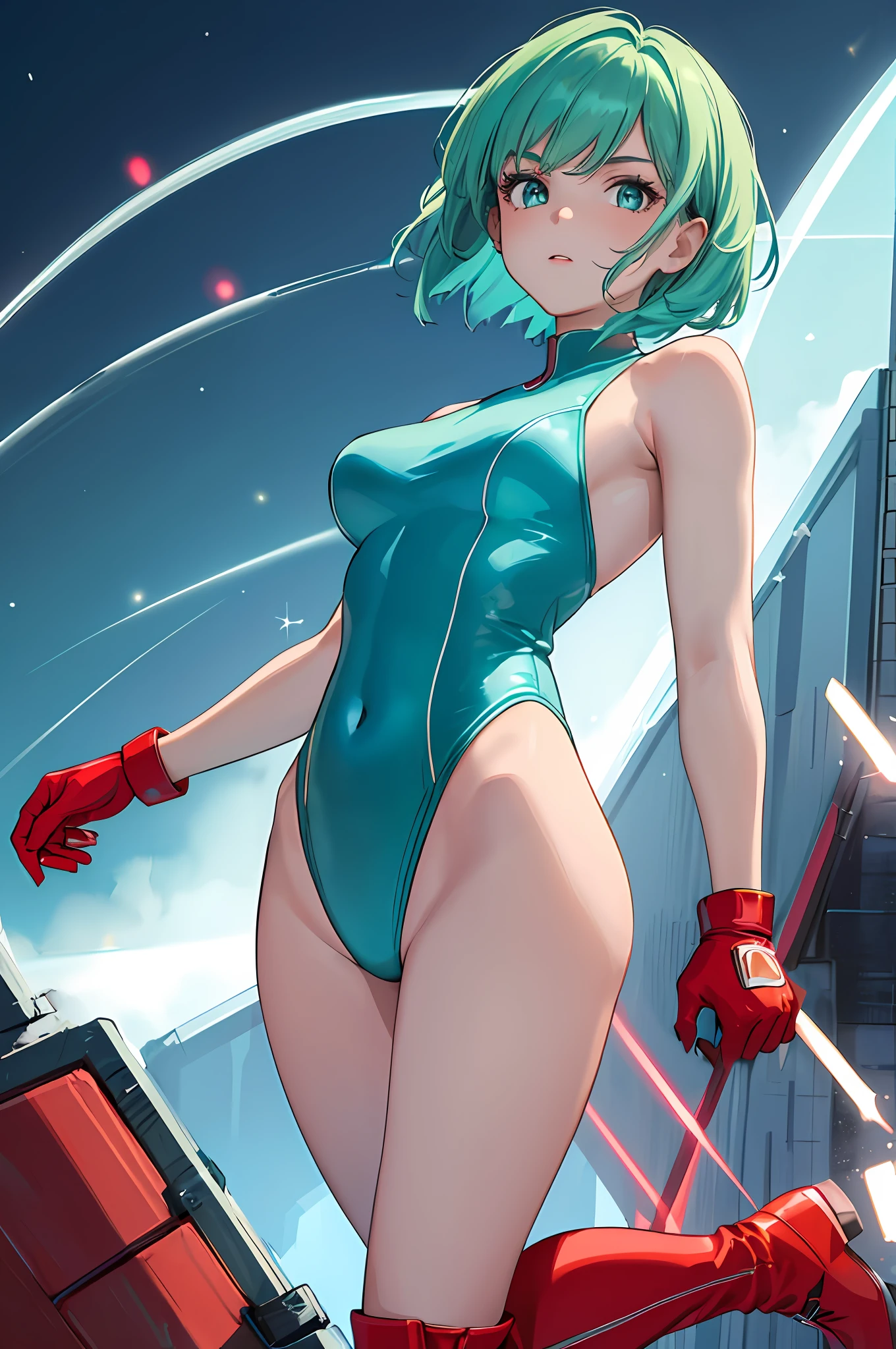 ((masterpiece)), ((best quality)), ((highres)), 1girl, solo, superhero, red leotard, bare legs, red boots, matching boots, aura, blue aura, sleeveless, red gloves, bracelets, matching gloves, looking at viewer, light particles, city backdrop, perfect hands, perfect eyes, powering up, perfect leotard, perfect legs, perfect arms, perfect fingers, (light blue and dark green leotard), green hair, aquamarine eyes, medium breasts, short hair, bob hair, blue skin, light sprinkles,