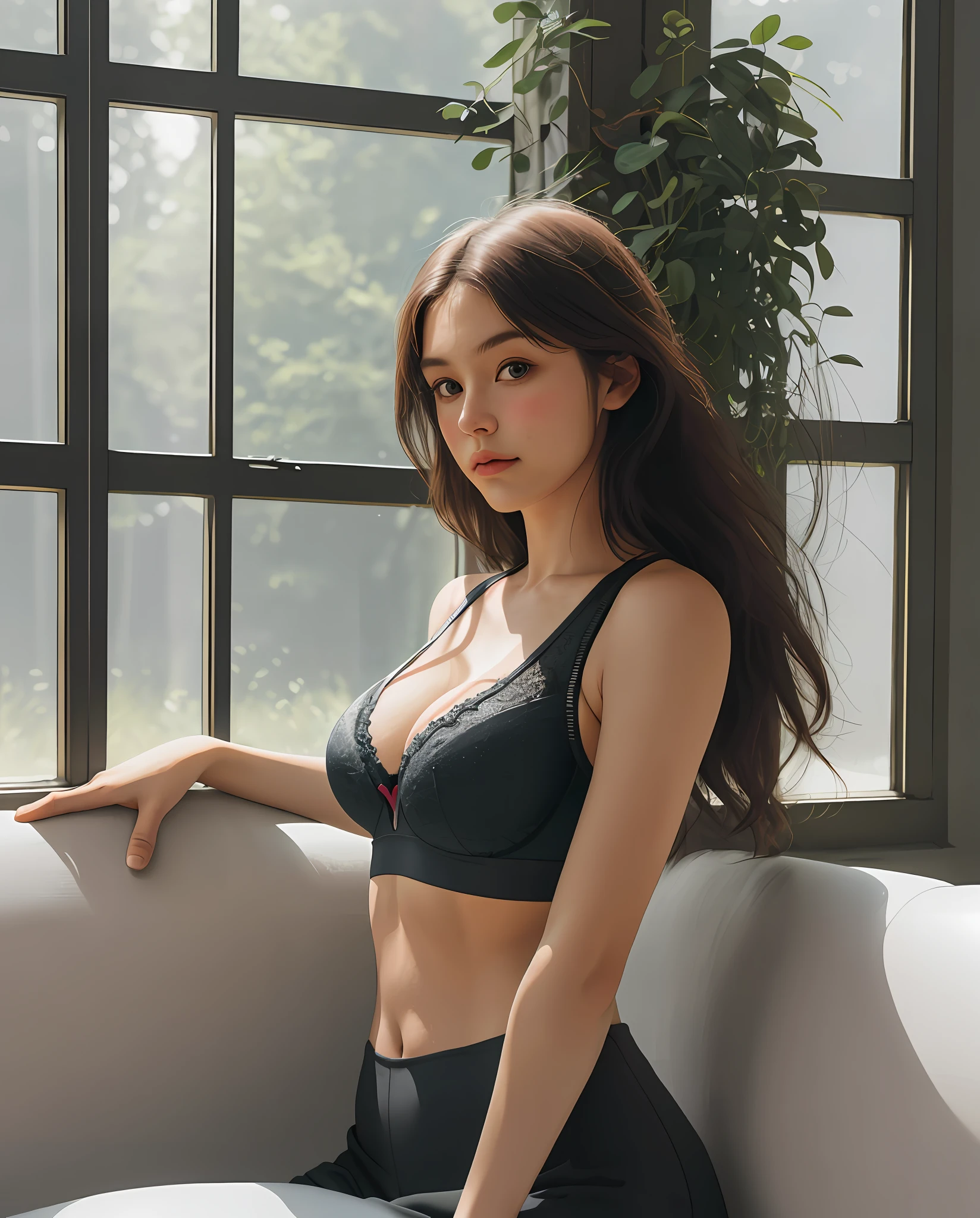 ultra realistic photo, ((21 year old girl wearing training bra)), deanwo, (narrow hips), 1girl, blush, masterpiece, best quality, absurd, award-winning photo, extreme detail, extremely intricate,
detailed face + eyes, natural lighting, realistic, highly detailed, photography, masterpiece, high quality, high quality, highres, sexy, lovely, detailed face, full body, beautiful face, open black shirt, chill, 1solo, 1girl, sofa room, window with sun, sunlight, large breasts, loose breasts, neckline