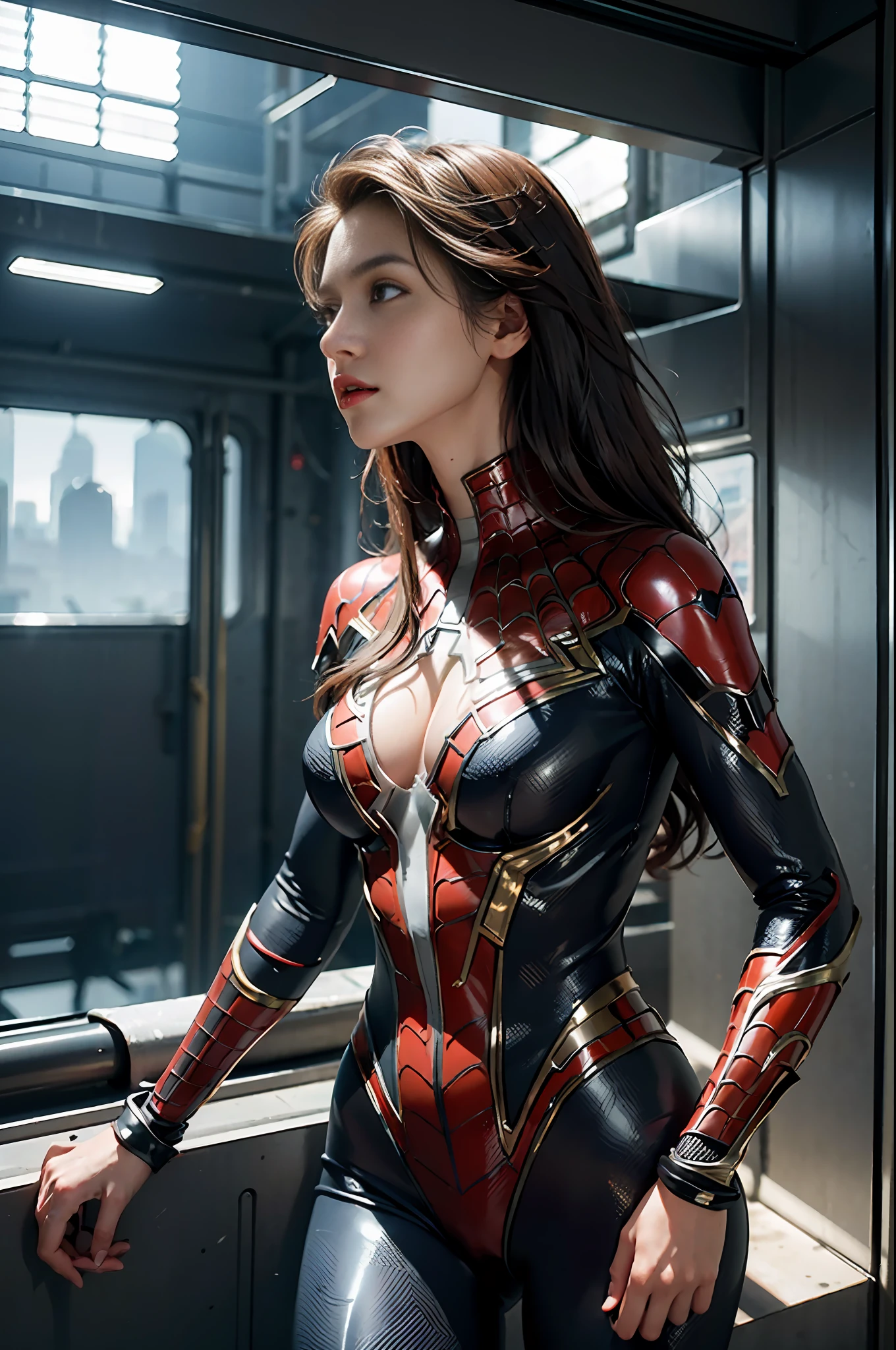 RAW, Masterpiece, Super Fine Photo,, Best Quality, Ultra High Resolution, Photorealistic, Sunlight, Full Body Portrait, Stunningly Beautiful, Dynamic Poses, Delicate Face, Vibrant Eyes, (Side View) , she is wearing a futuristic Iron Lady Spiderman costume, very detailed background, detailed face, detailed and complex busy background, messy, gorgeous, milky, high detailed skin, realistic skin details, visible pores, sharp focus, Volumetric fog, 8k uhd, dslr, high quality, film grain, fair skin, photorealism, lomography, sprawling metropolis in a futuristic dystopia, view from below, translucent