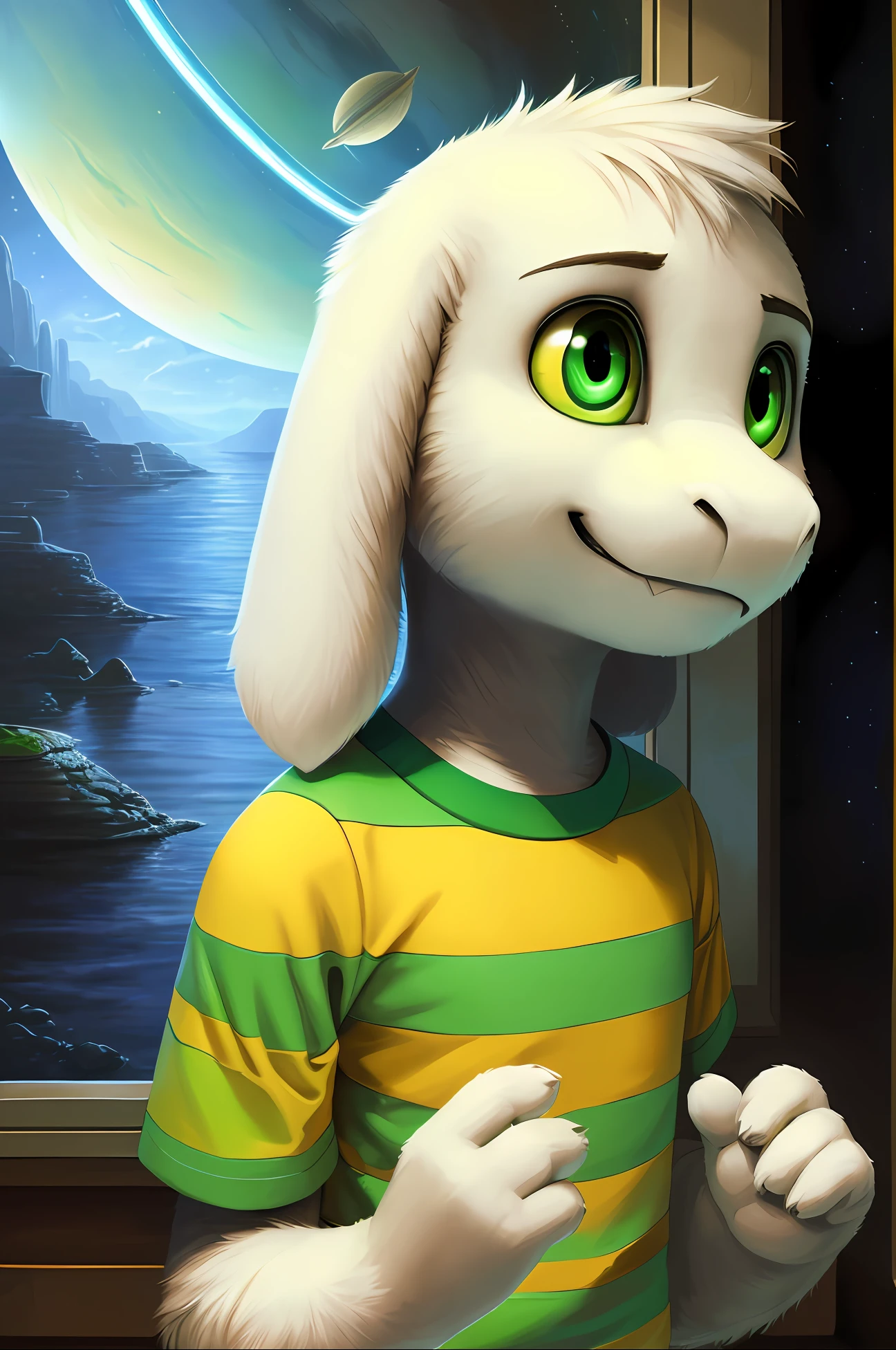 1boy,(( )), t-shirt, pants, solo, ???, teen, casting magic, saturn, alien planet cliffs,, above, bridges, (green-yellow striped t-shirt, brown pants), (best quality, ultra-detailed, best illustration, masterpiece, high res, professional artwork, famous artwork), realistic paint, (insane detailed eyes, green shine eyes), white fur, detailed realistic painting, male, detailed white fur, asriel, portrait, detailed hands, shaded, four fingers, insane details, looking forward, cartoon, cute