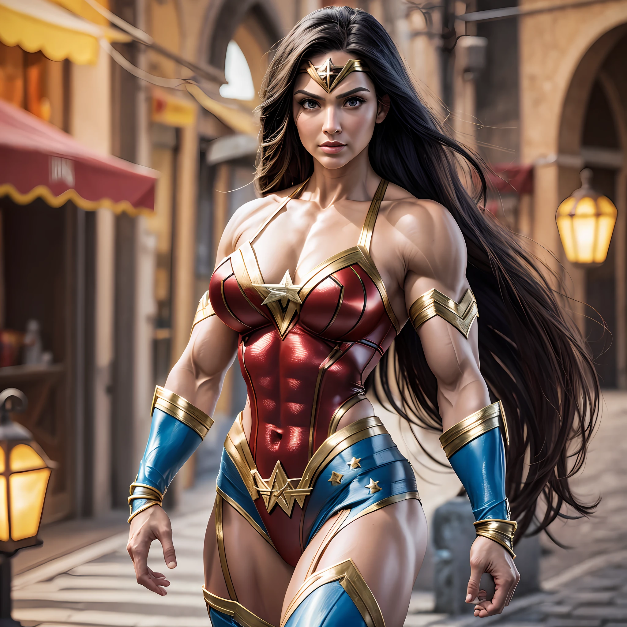 Mutant Wonder Woman, full body, Positano, Italy, with lots of lights, background rich in detail, ultra realistic, ultra detailed, high rendering, rtx, 8k, ((bodybuilding)) --auto --s2