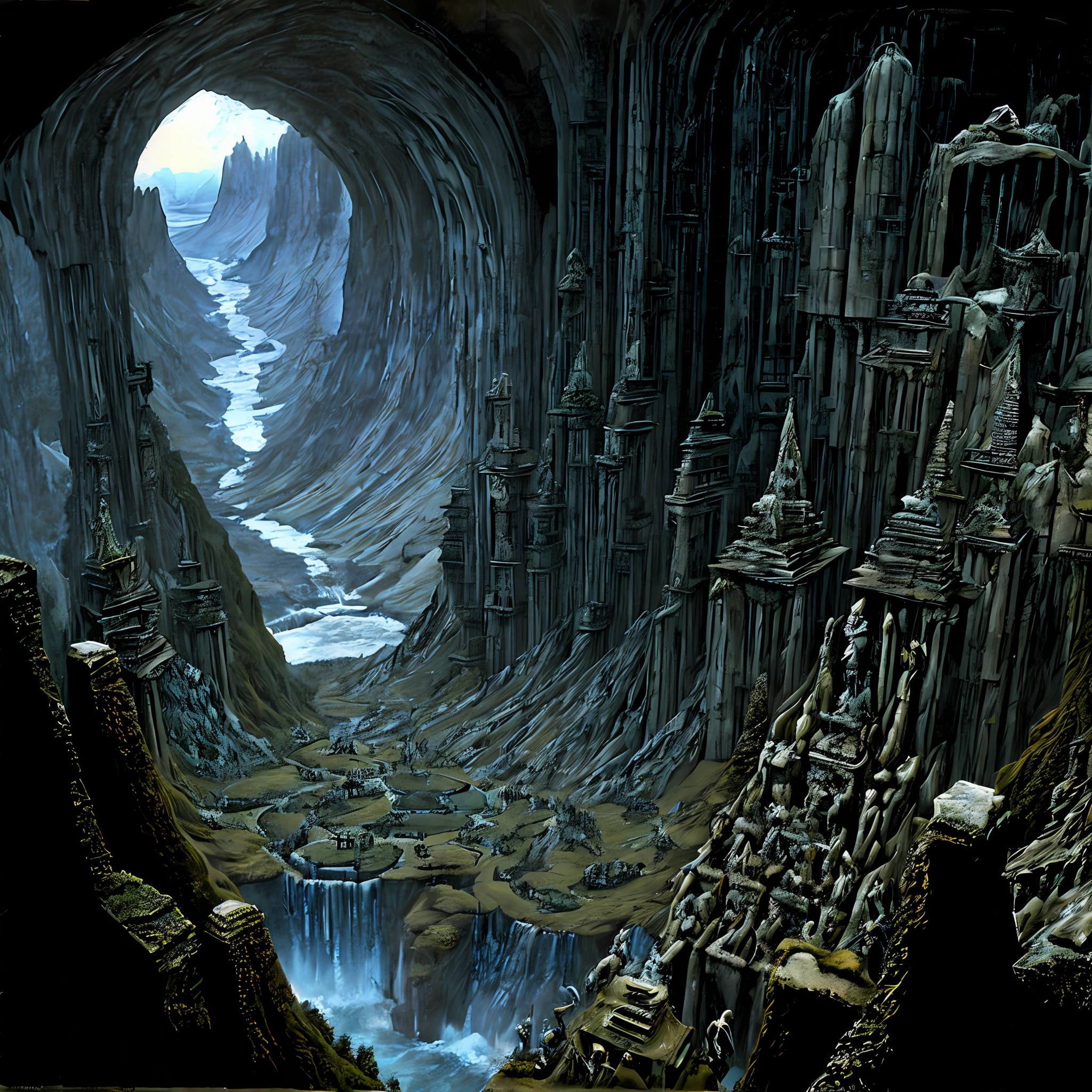 View from the top of the peak, inside of a Futurist scenario of horror, rotten ends monuments, biomorphic dark valley, machine evil totems, an abyss and polluted waterfall around Strong shadows. Horror art, color drawing, hyperdetailed, Intrincated details, art by Derek Riggs and Dan Seagrave and H.R. Giger