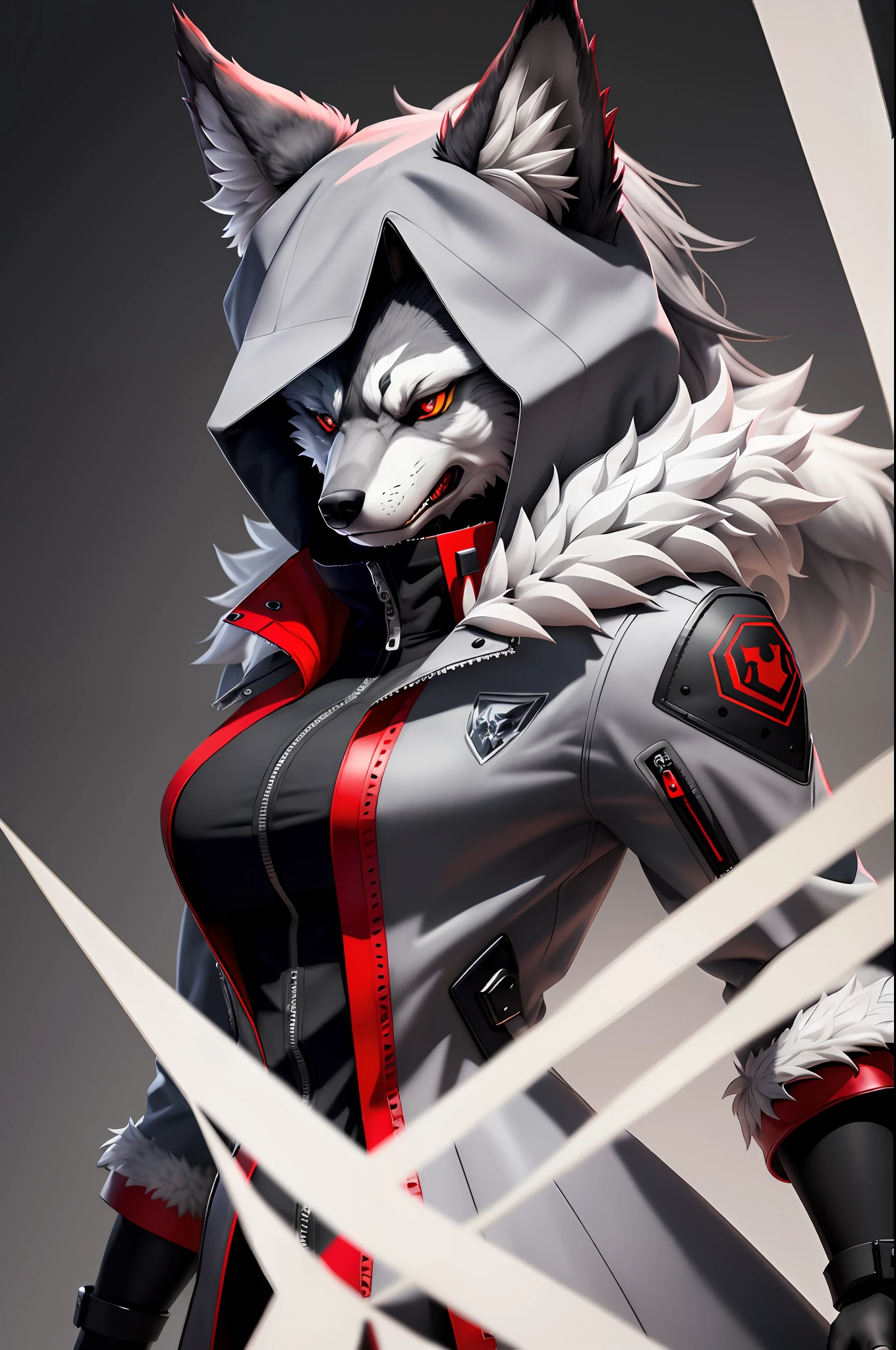 (high quality) (masterpiece) anthropomorphic wolf furry grey Dark jacket body half facing viewer (masterpiece) (ultra details), red eyes anthropomorphic wolf detailed eyes and strong lighting on the left side young woman