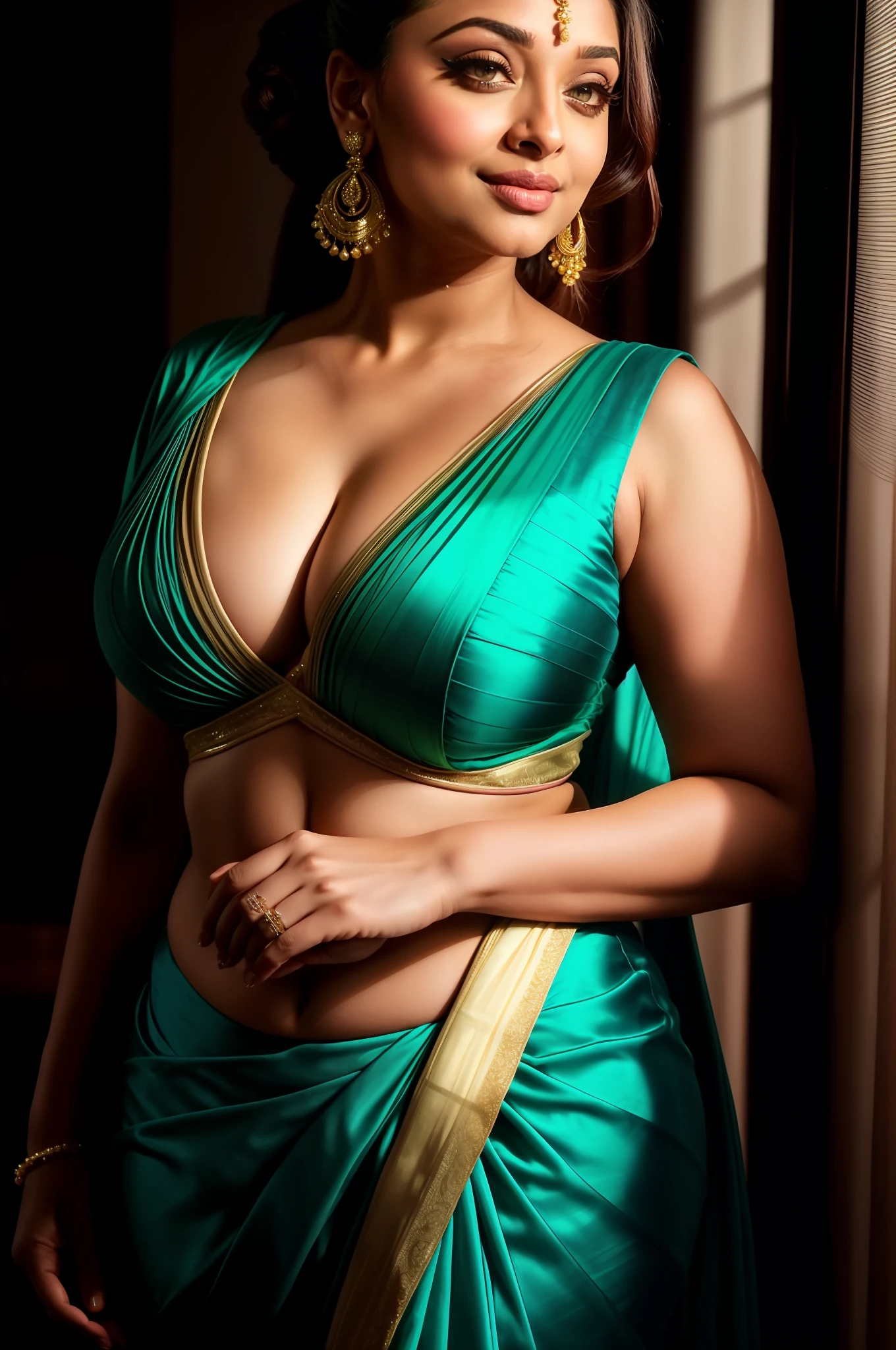 night scene, close up photo of a sexy aishwarya rai, posing, curvy body, wearing saree, large breasts, cleavage show, chubby cheeks, seductive face, look at a camera and smile, pink ponytail hair, (green eyes:0.8), cute young face, 18 yo, soft volumetric lights, (backlit:1.3), (cinematic:1.3), intricate details, (ArtStation:1.2)