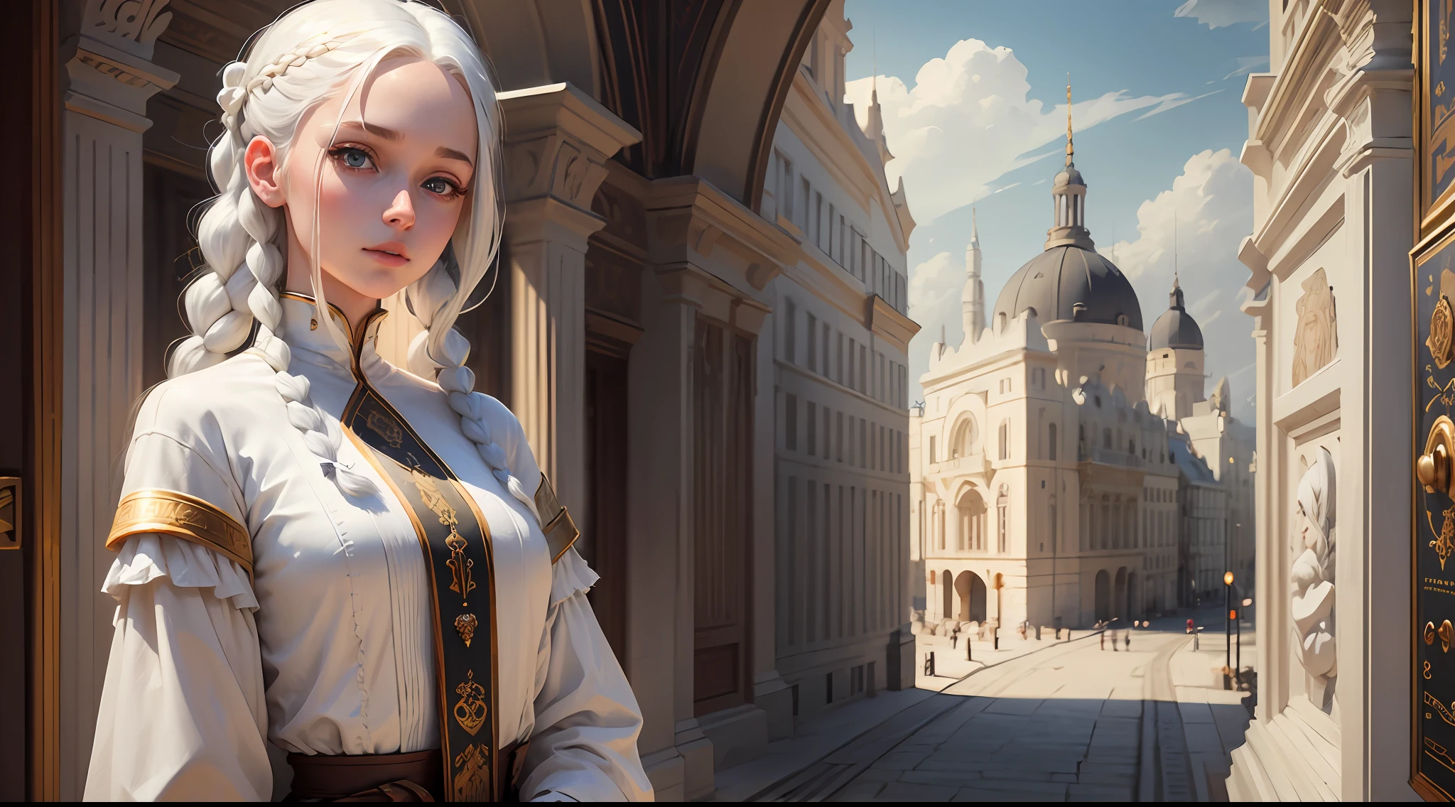 (auto, masterpiece, best quality), white hair, golden eyes, white clothes, looking up, top figure, lock of hair, fair skin, side braids. --auto --s2