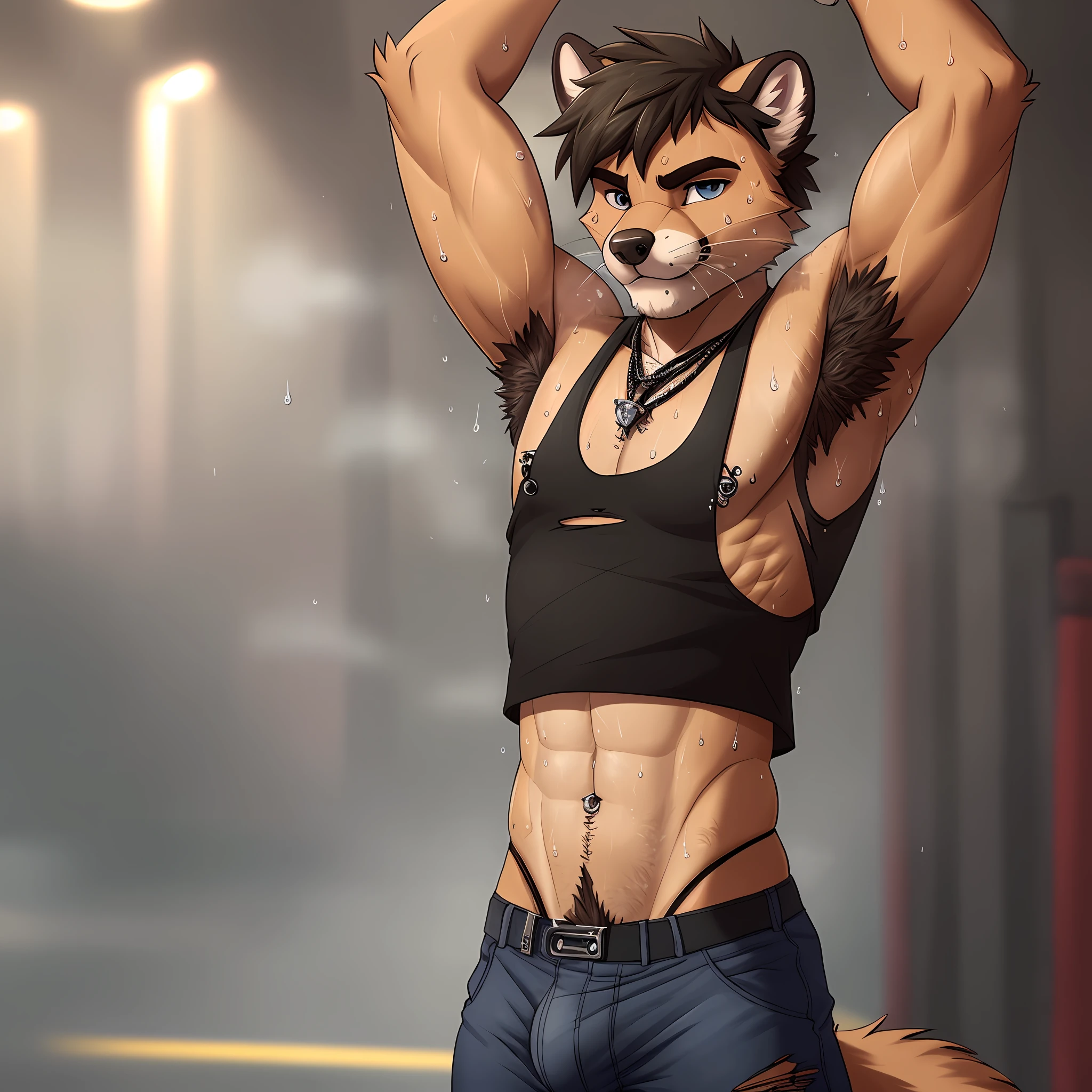 anthro, male, 1boy, solo focus, marten, dark fur, skater punk, day, dim, detailed eyes, detailed clothes, torn clothes, thin, sleeveless top, (((sweaty armpits))), raised arms, bare chest, fit, tall, extreme pants bulge, ((huge bulge)), daddy, (((armpit sweat))), armpit hair, (sweat), (musk), detailed nipple piercings, masterpiece