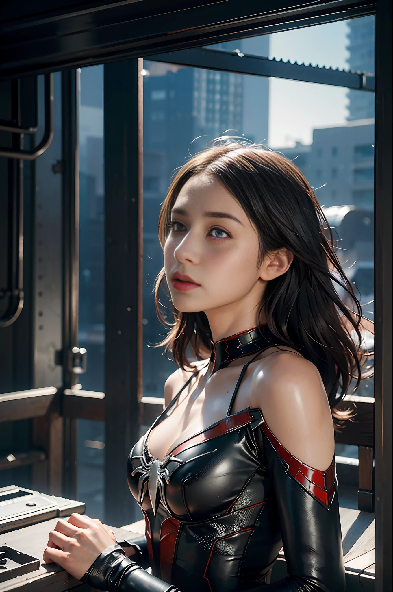 RAW, Masterpiece, Super Fine Photo,, Best Quality, Ultra High Resolution, Photorealistic, Sunlight, Full Body Portrait, Stunningly Beautiful, Dynamic Poses, Delicate Face, Vibrant Eyes, (Side View) , she is wearing a futuristic Iron Lady Spiderman costume, very detailed background, detailed face, detailed and complex busy background, messy, gorgeous, milky, high detailed skin, realistic skin details, visible pores, sharp focus, Volumetric fog, 8k uhd, dslr, high quality, film grain, fair skin, photorealism, lomography, sprawling metropolis in a futuristic dystopia, view from below, translucent