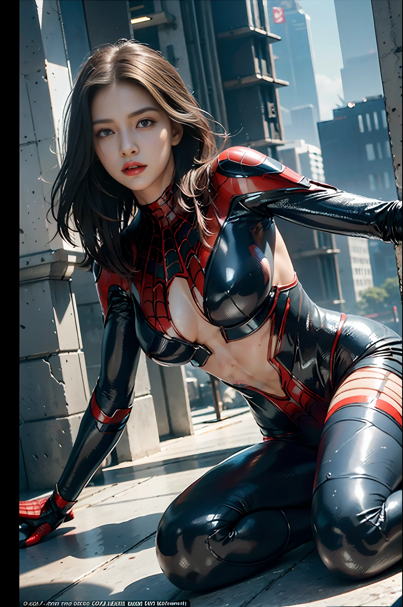 RAW, Masterpiece, Super Fine Photo,, Best Quality, Ultra High Resolution, Photorealistic, Sunlight, Full Body Portrait, Stunningly Beautiful, Dynamic Poses, Delicate Face, Vibrant Eyes, (Side View) , she is wearing a futuristic Iron Lady Spiderman costume, very detailed background, detailed face, detailed and complex busy background, messy, gorgeous, milky, high detailed skin, realistic skin details, visible pores, sharp focus, Volumetric fog, 8k uhd, dslr, high quality, film grain, fair skin, photorealism, lomography, sprawling metropolis in a futuristic dystopia, view from below, translucent