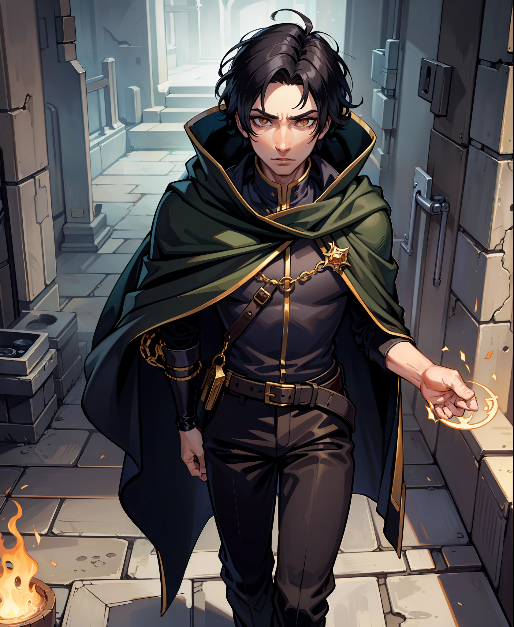 masterpiece, dungeon, 1boy, solo, black hair, golden eyes, cloak, trousers, walking,