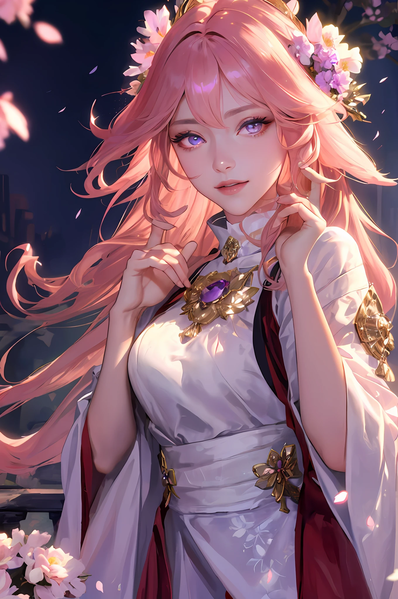 (masterpiece, sidelighting, finely detailed beautiful eyes: 1.2), masterpiece, realistic, glowing eyes,shiny hair, lustrous skin, solo, exquisite,beautifly,garden,flowers,flying petals, perfect hands, 5 fingers on each hand