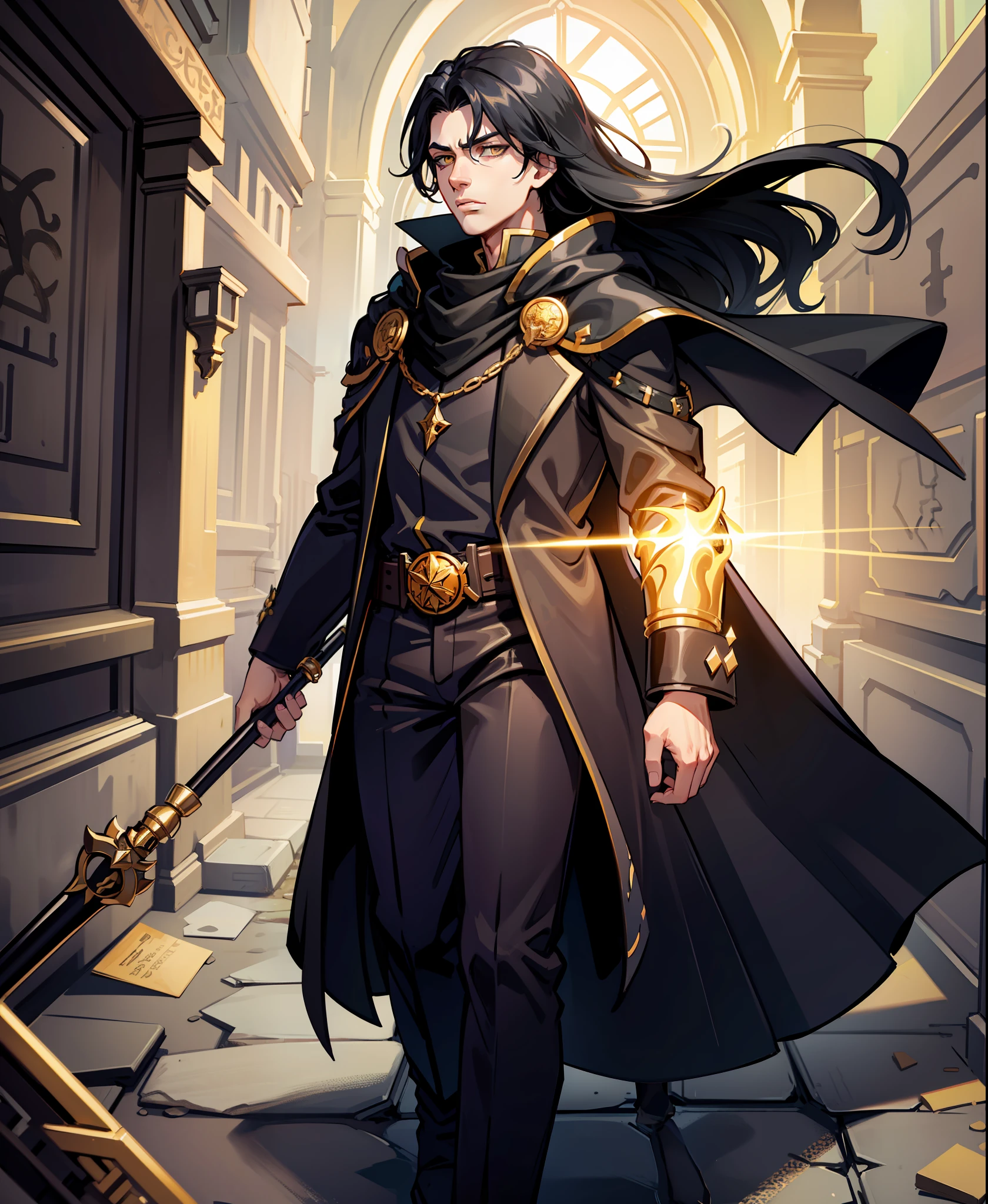 masterpiece, dungeon, 1boy, solo, black hair, golden eyes, cloak, trousers, walking,